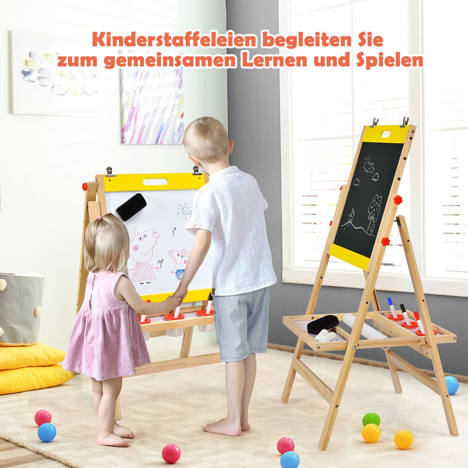 COSTWAY 3 in 1 Kinder Staffelei aus Kieferholz doppelseitig, Whiteboard & Kreidetafel & Zeichenpapier höhenverstellbar/klappbar, Kindertafel mit Ablage und Zubehör (Gelb)