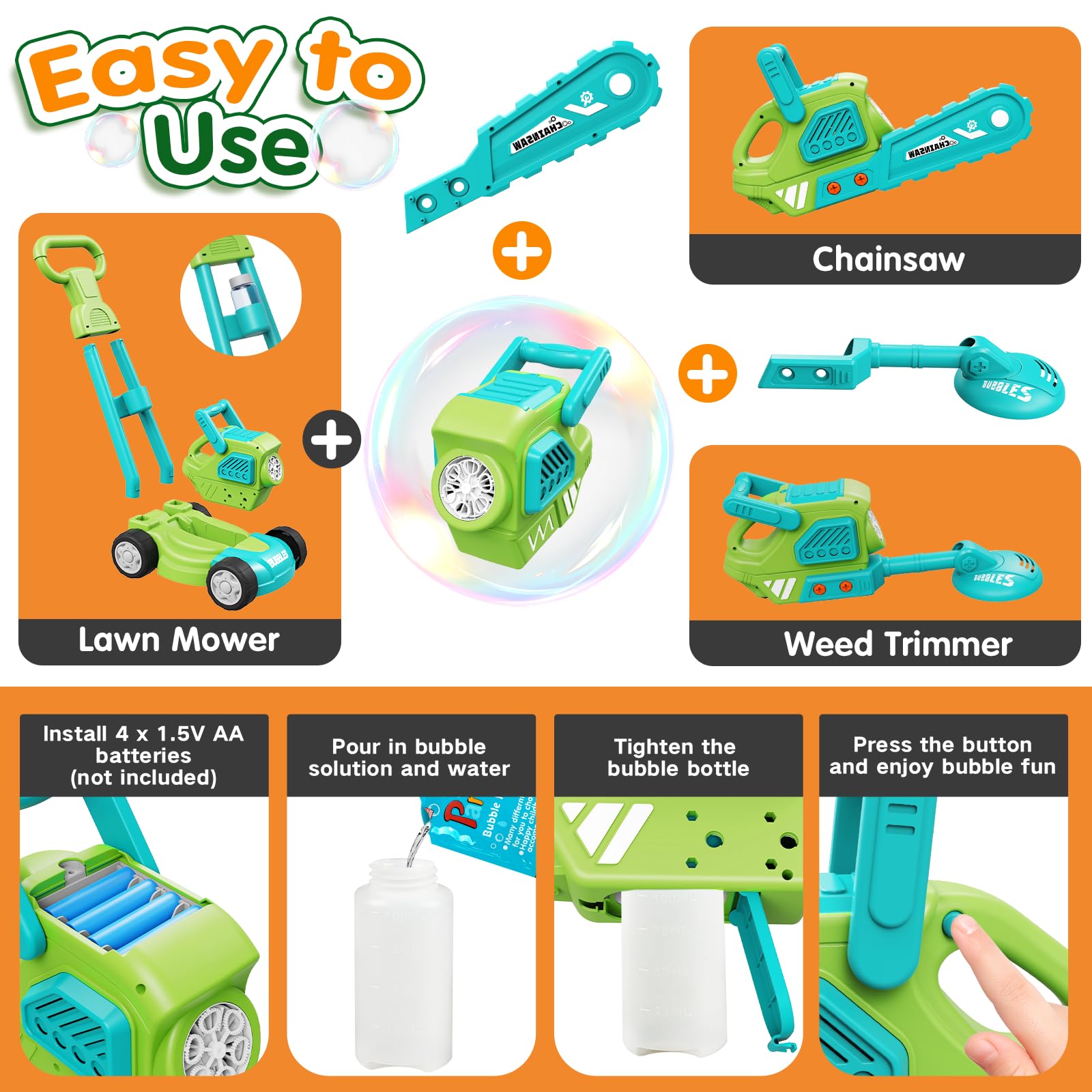 Bubble Lawn Mower for Kids, 3-in-1 Bubble Machine Blower with 10 Bubble Solution, Outdoor Push Toys for Toddlers Ages 3-8, Birthday Easter Summer Gift for Boys Girls 3 4 5 6 7 8 Year Old - 4