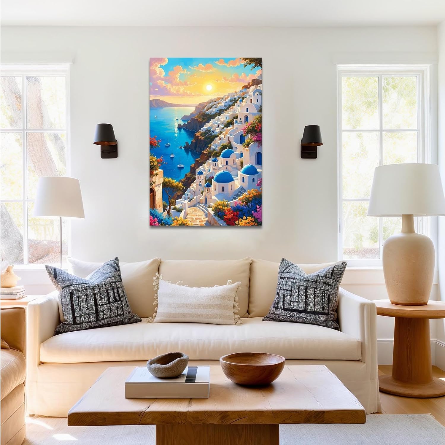 Italy Painting Oil Canvas Wall Art： Mediterranean Cityscape Artwork Italian Sea Picture Modern City Street Decoration Landscape Prints for Paris Cafe Room Decor 16x24in Wood Framed