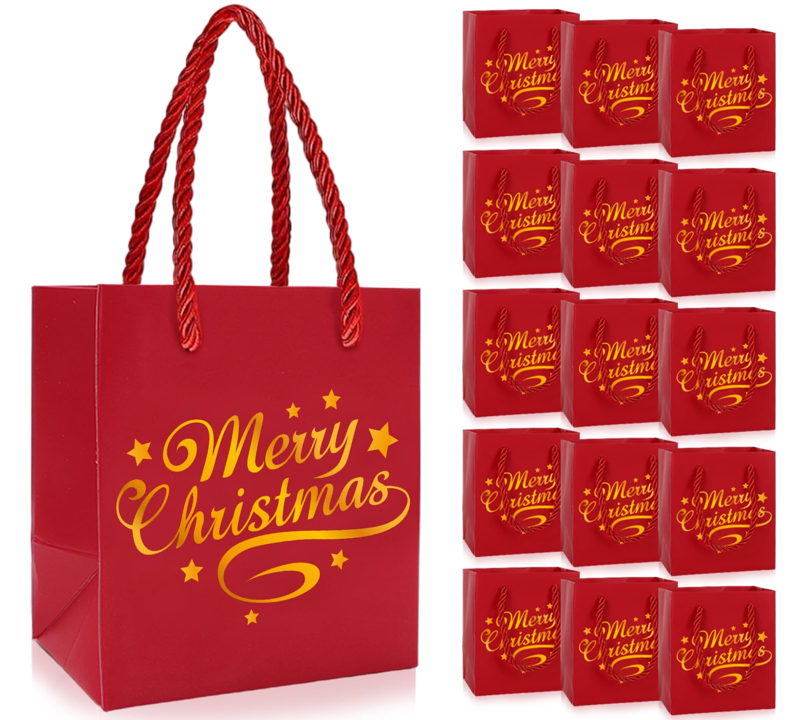 JarThenaAMCS 30Pcs Mini Gift Bags With Handle - Gold Foil Red Merry Christmas Party Favor Bags, Xmas Paper Treat Bags for Winter Party Supplies