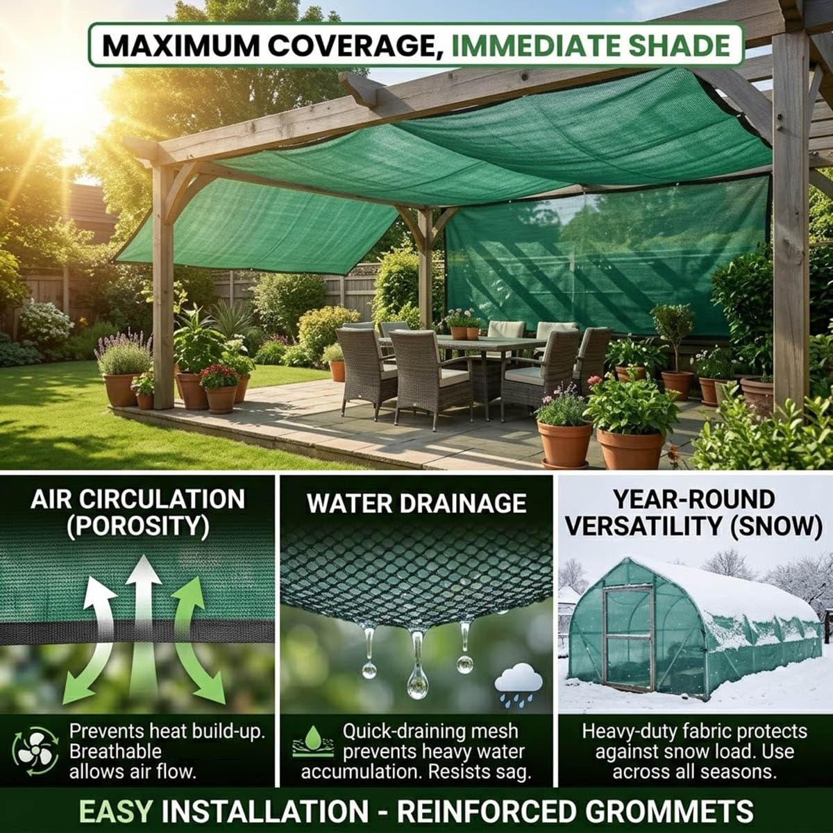 Malla de Sombreo 50% Verde Oscuro con Ojales, Red de Sombreado HDPE | Red de Sombra para Balcones, Transpirable Y Reforzada, Tela de Sombra Anti-UV para Jardín(6 x 8m (19.7 x 26.2ft))