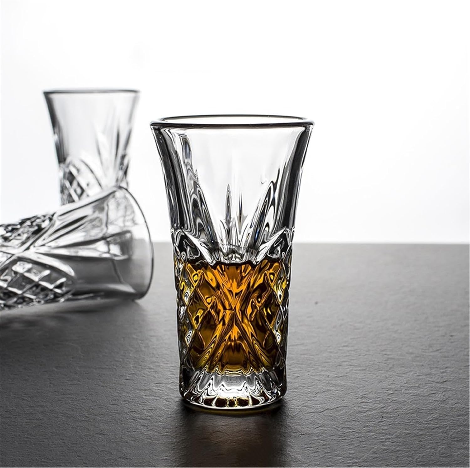 Glass Cups 2 Pack Slim Carved Shot Glasses, Clear Lead-free Heavy Base Set for Cocktail Tequila Liquor Whisky Vodka Spirits for Juice
