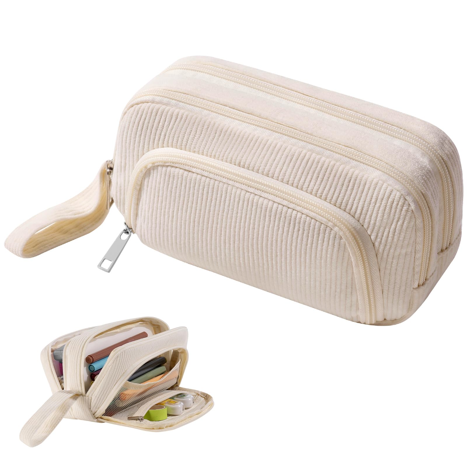 Byitin Large Pencil Case with 3 Compartments for Women Boys Girls Kids, Cute Pencil Cases for School & Office Supplies, Zip Stationery Organizer Pen Pouch for Secondary School (Beige)