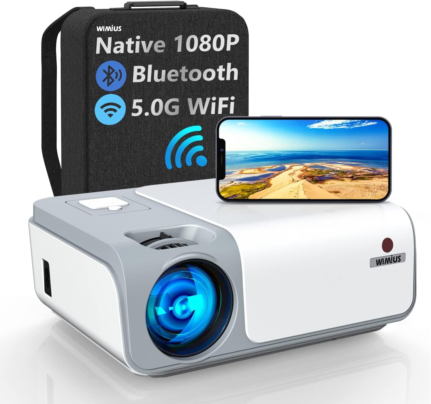 Image showing the WiMiUS W1 Projector connected via Bluetooth to a smartphone, playing music.