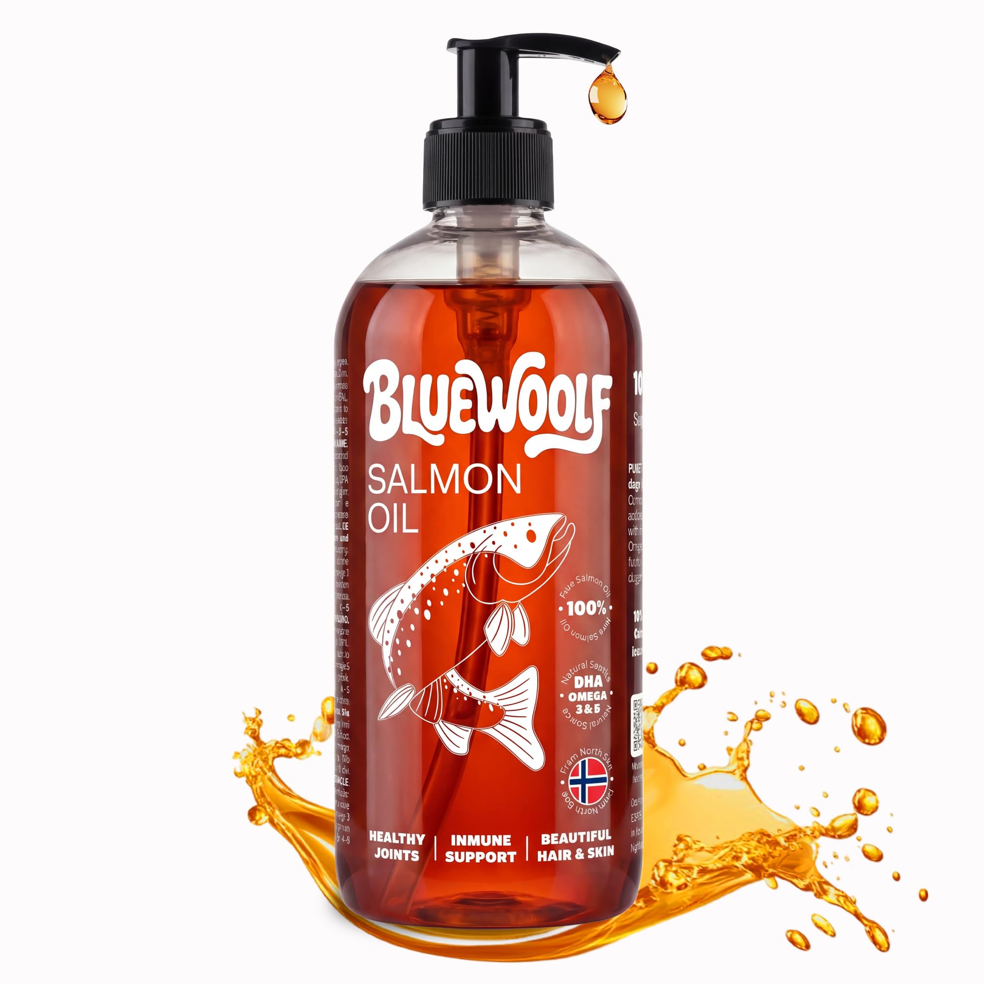 Aceite de Salmon Perros y Gatos 250ml con Omega 3 para Mejora Piel y Pelo Articulaciones y Sistema Inmunitario Salmón para Pienso, Barf y Comida Húmeda Oil for Dogs BlueWoolf