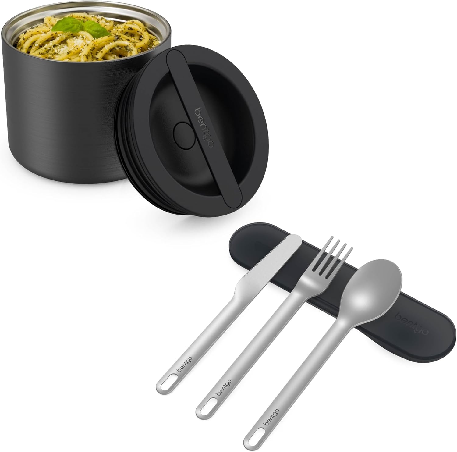 Bentgo Stainless Steel Food Canister and Stainless Steel Utensils Set (Carbon Black)