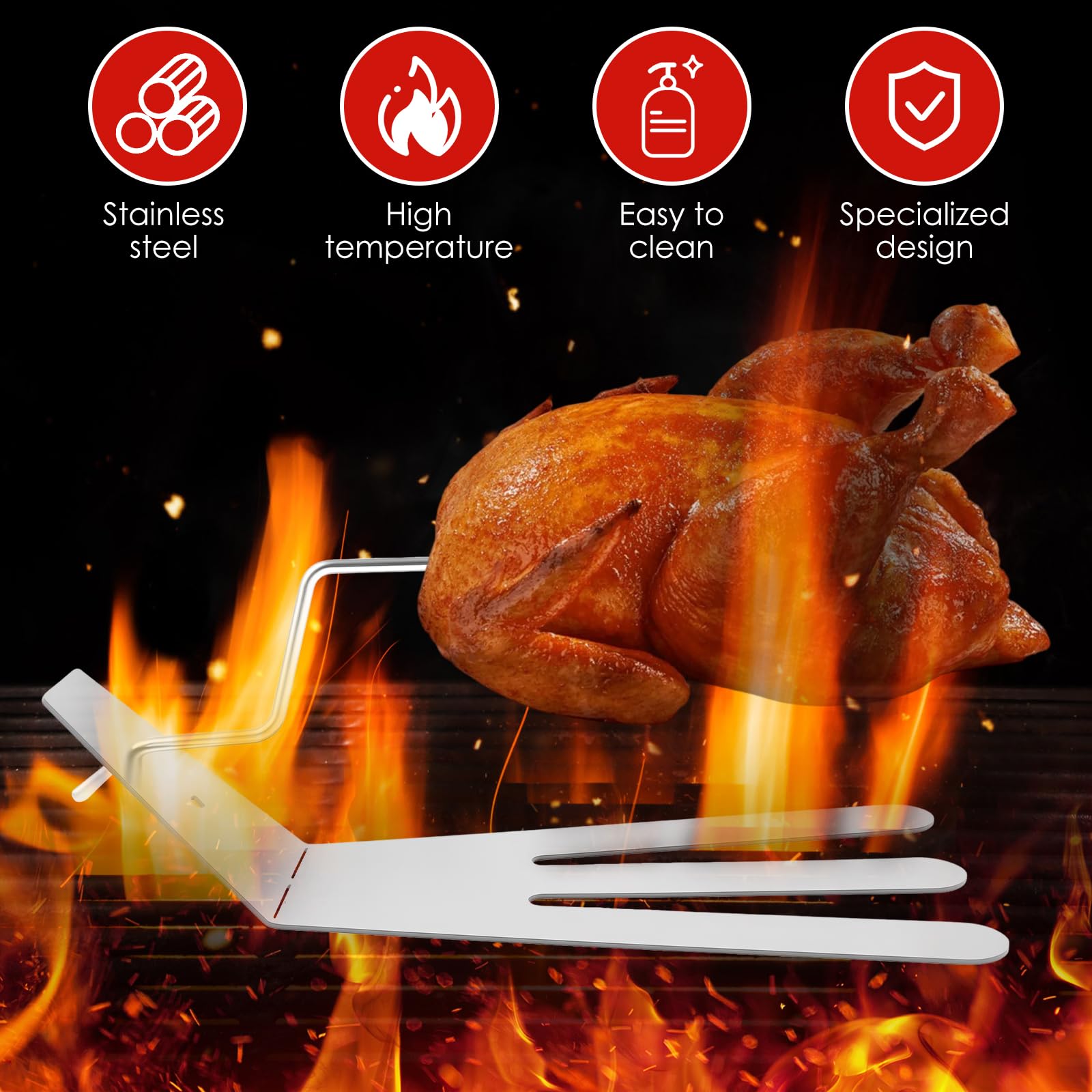 Stainless Steel Chicken Roasting Rod Rotatable Roasted Chicken Rod with Footrest Uniform Heating Rotisserie Grilling Kit for Oven