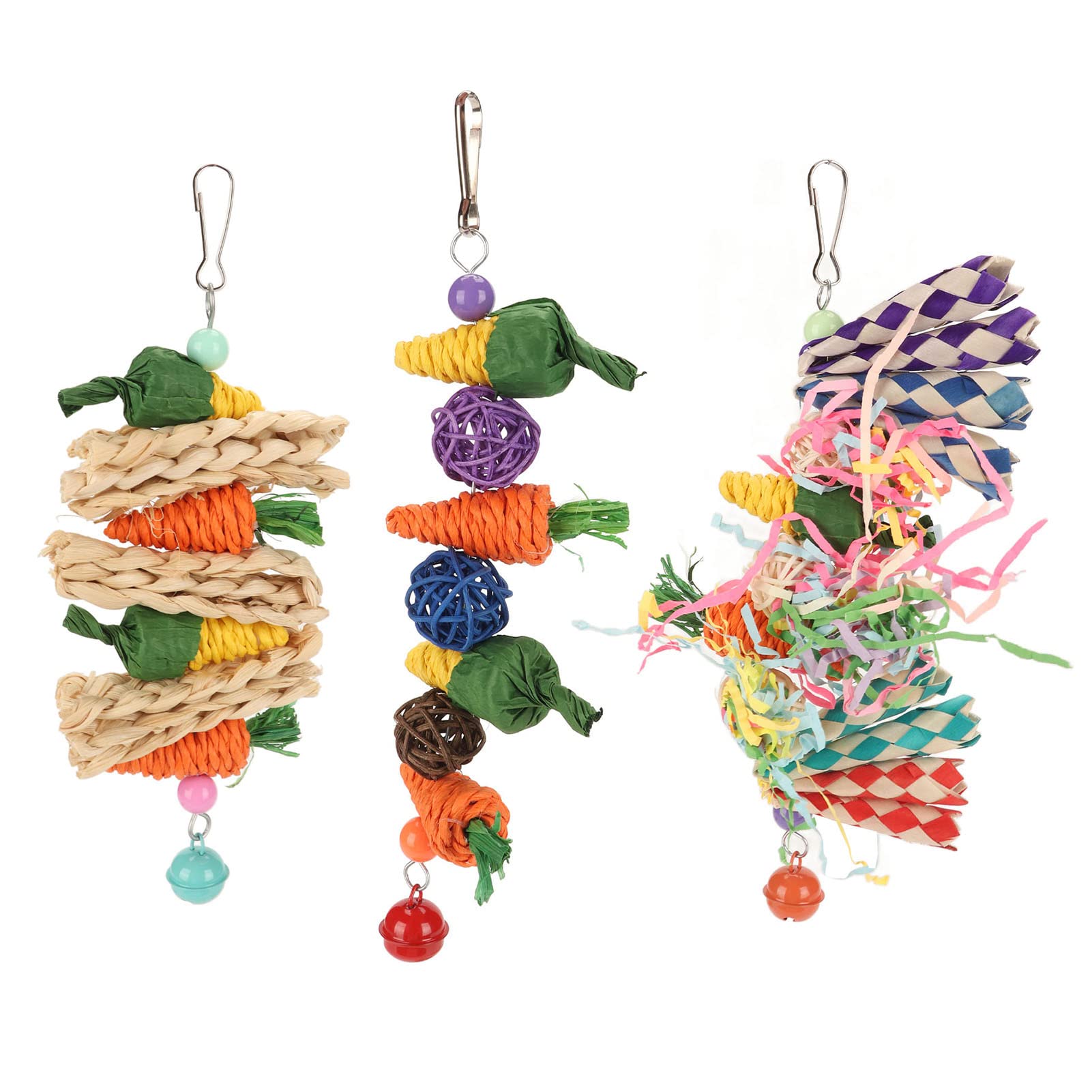 Set da 3 Giochi per Pappagalli Masticabili in Fibra Naturale Carote Intrecciate, Palline di Rattan e Giocattoli Sospesi per Budgie, Cocorite, Conuri