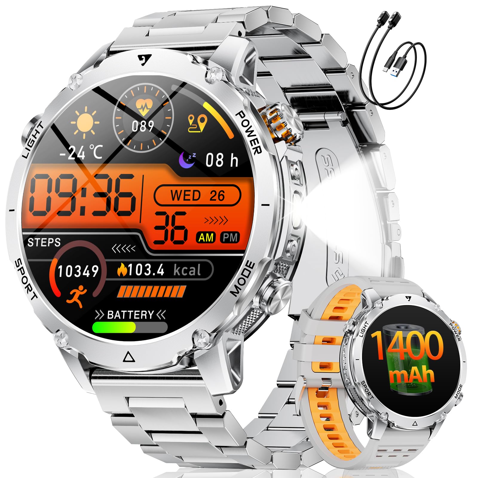 SUNKTA Smartwatch Herren 1400 mAh 20 Tage Akkulaufzeit 1,7″ HD Bluetooth Anrufe Militär Smart Watch für iOS Android,Herzfrequenz/Schlafmonitor/Schrittzähler,Taschenlampe,100+ Sportmodi,Silber Grau