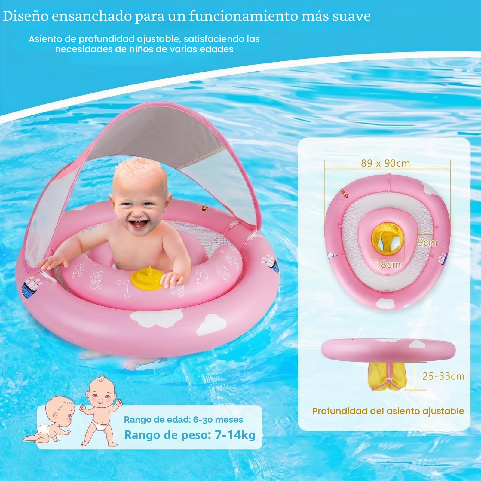 MYCARBON Flotador Bebe para 6 a 30 Meses con Asiento Ajustable Flotador Bebe con Sombrilla UPF50+ con Dos Airbags Bomba de Aire para Niños de 7 a 14 kg