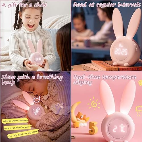 Miniatura 7 de Reloj despertador para niños con luz nocturna, lindo conejo, mesa de oído, reloj digital LED, entrenador de sueño para niños y niñas dormitorio