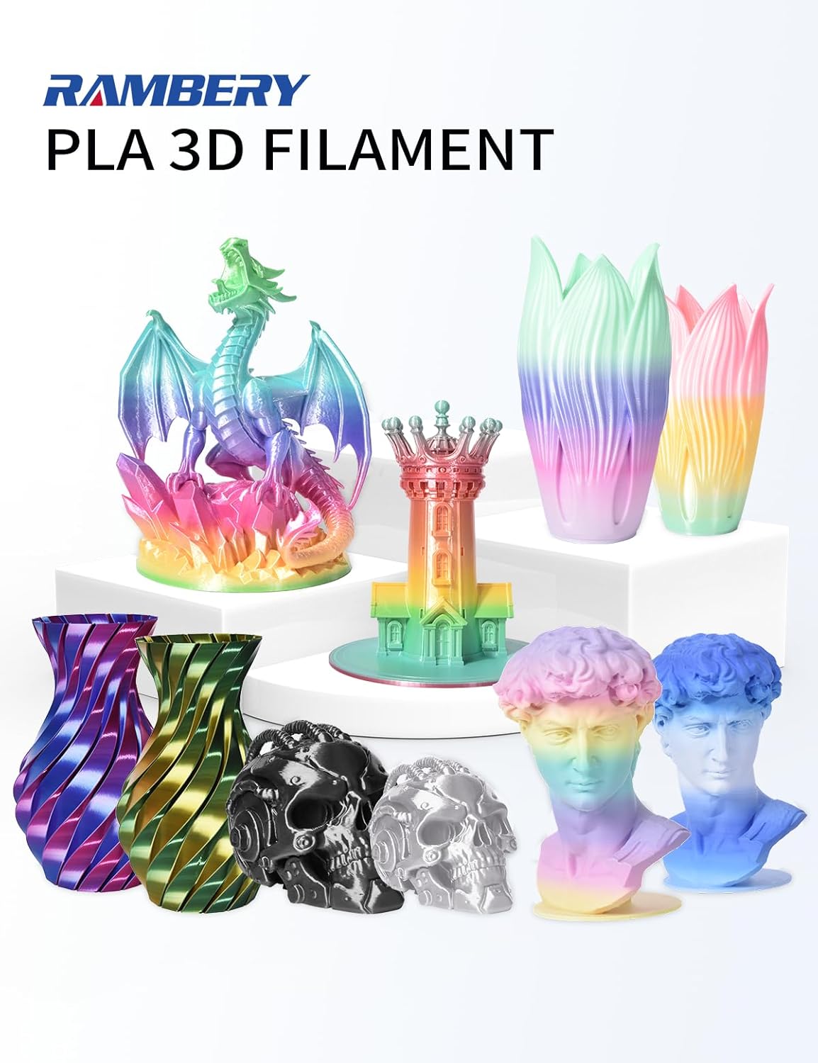 RAMBERY 3D Tri-Colors PLA Printer Filament Bundle Triple Color Change by Angle Silk PLA Shiny 3D Printing Filament Toughness Upgraded, 1.75mm 250gX 4 Spools (2.2 lbs)