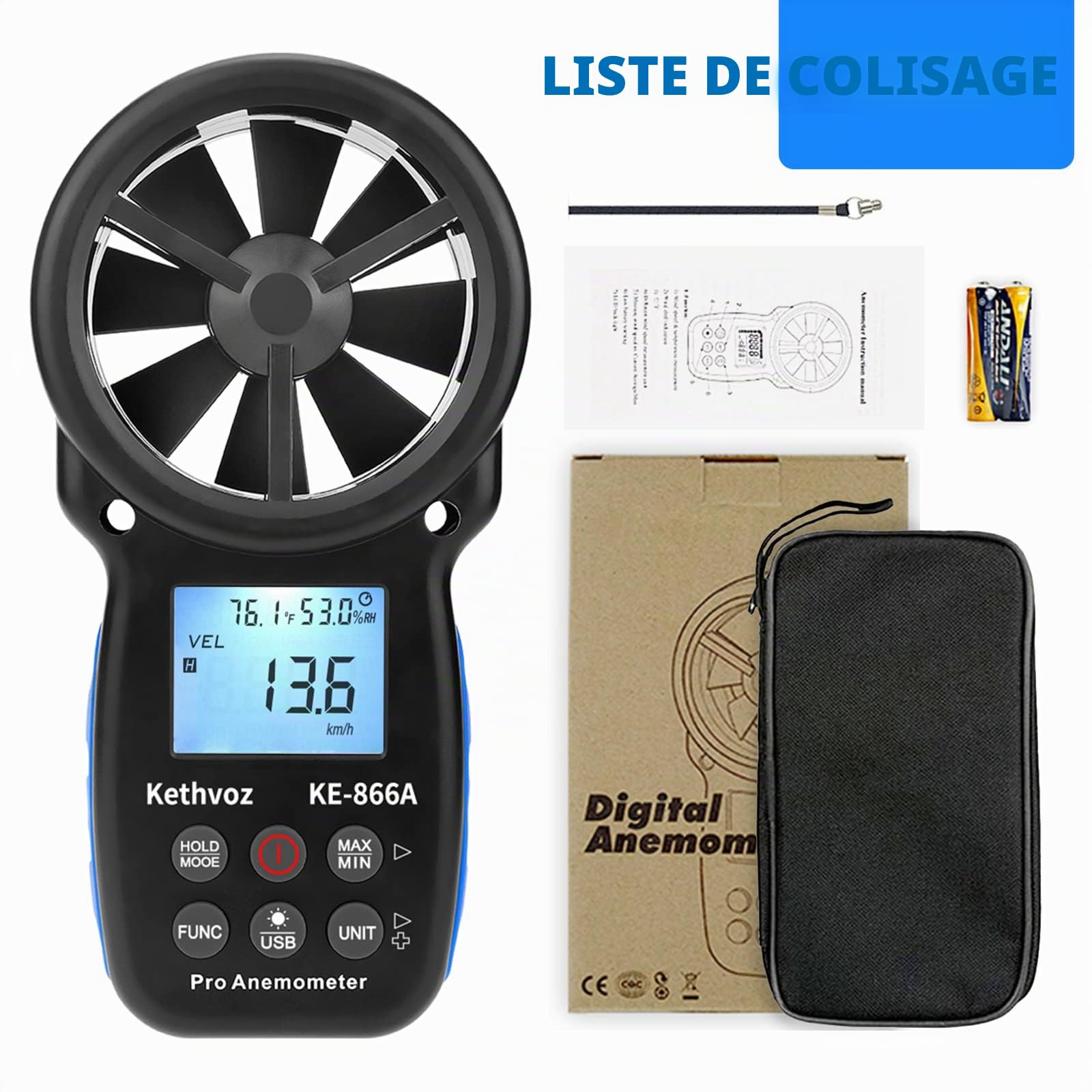 Kethvoz VMC Anémomètre Portable avec Thermomètre pour Mesure la vent vitesse debit d air VMC, Humidité, Température pour Système de collecte de poussière CVC, KE-866A