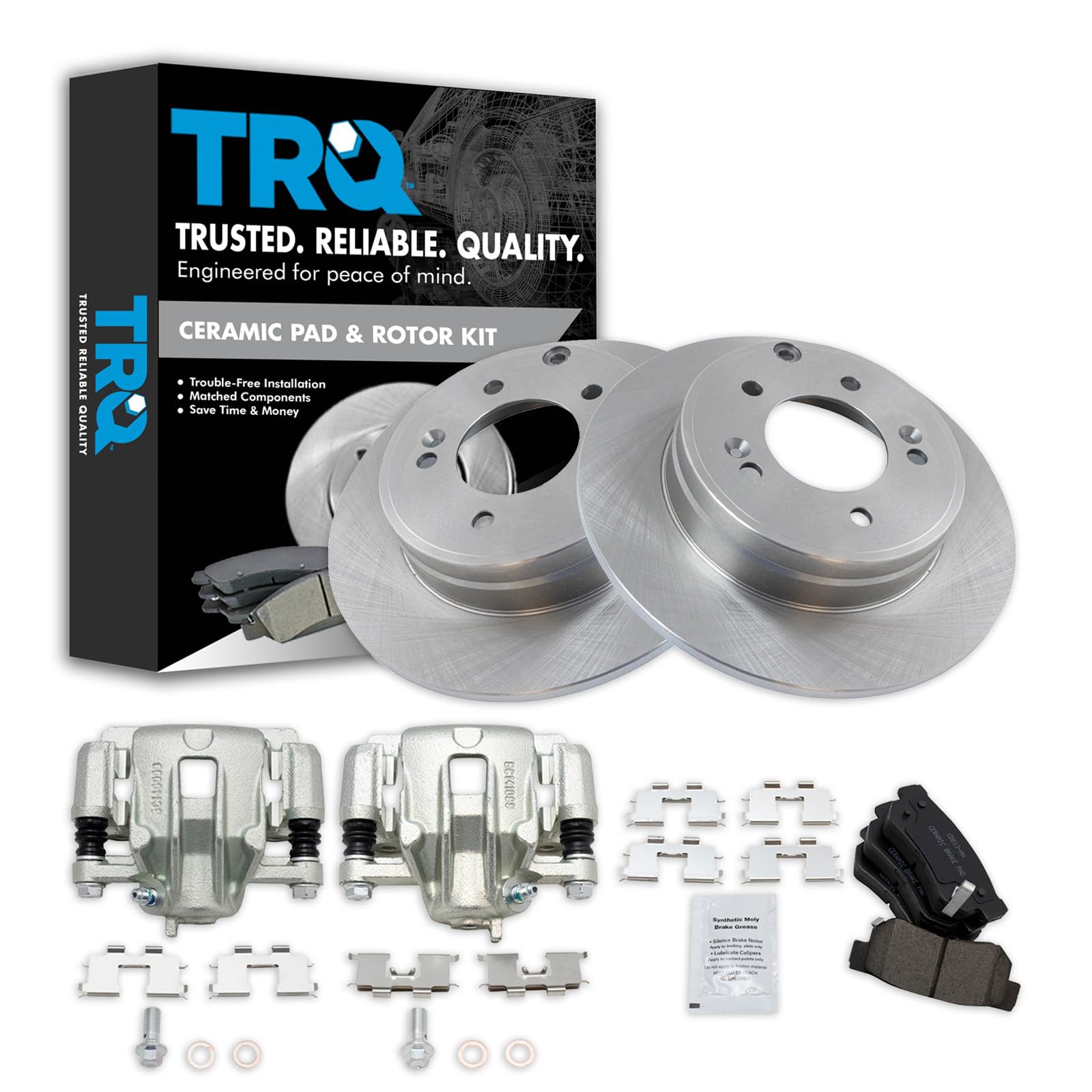 TRQ Rear Brake Pad and Rotor Set Ceramic Solid Rotors Calipers