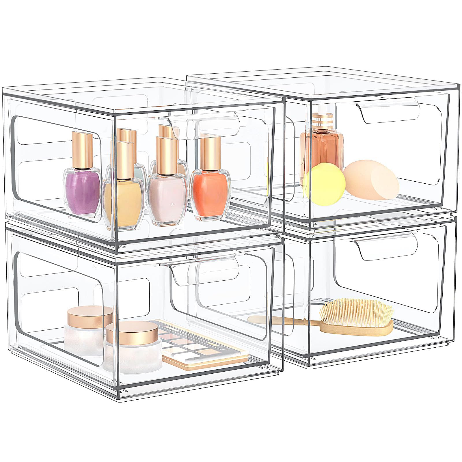 4 Pack Stackable Plastic Makeup Organizer Drawers, Acrylic Organizers, Clear Storage Bins with Pull-Out Handles for Vanity, Kitchen Cabinets, Pantry