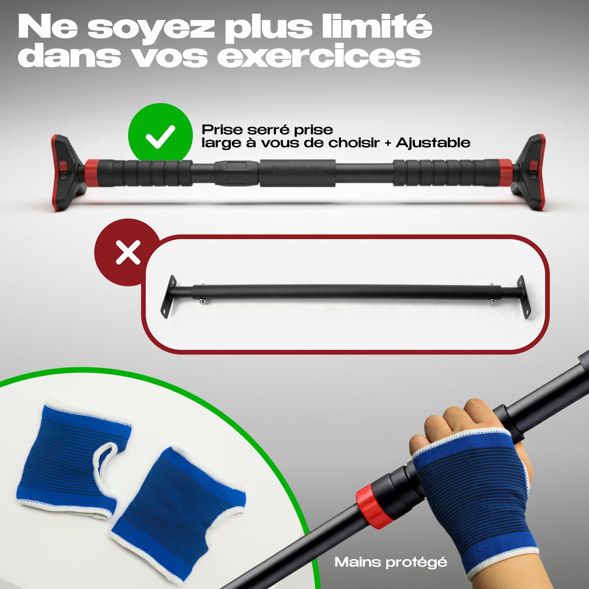 Barre de traction porte ou murale sans perçage 69-107cm et poignées pour pompe et gants, sport maison