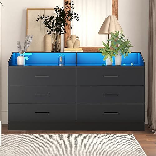 Cómoda de 6 cajones, cómoda para dormitorio con toma de corriente, cómoda moderna con luz LED, cómoda de almacenamiento con compartimento de Negro