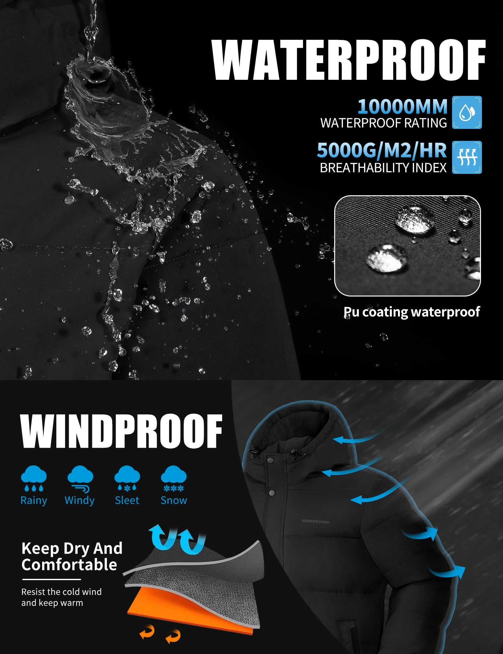 Pioneer Camp Herren-Wintermantel, warm, Winterjacke, wasserdicht, dick, isoliert, winddicht, mit Kapuze, Daunen, gesteppt