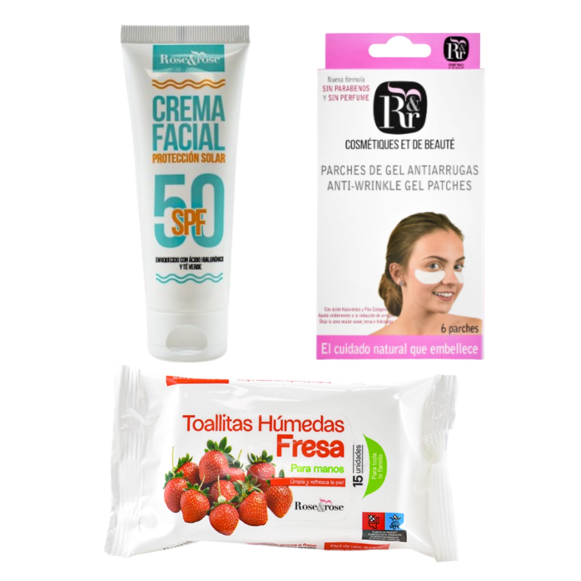 Rose & Rose Zestaw Chusteczek Truskawkowych + Solarny krem do twarzy SPF 50+ + Żelowe plastry do oczu | Czyszczenie, ochrona i świeżość promiennej skóry | Codzienna pielęgnacja twarzy
