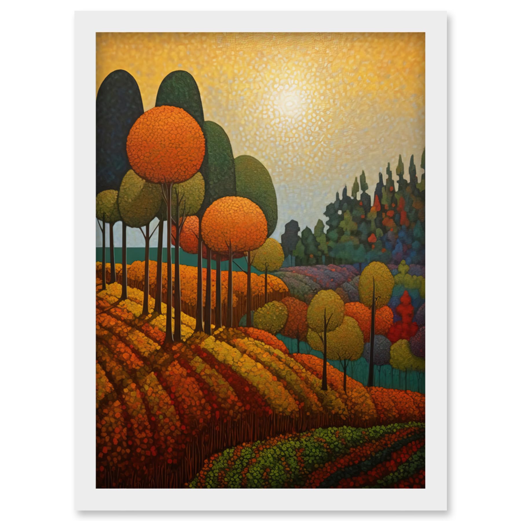 Artery8 Autumn Fields Pointillism Painting Amber Orange Green Countryside Landscape Artwork Framed Wall Art Print A4
