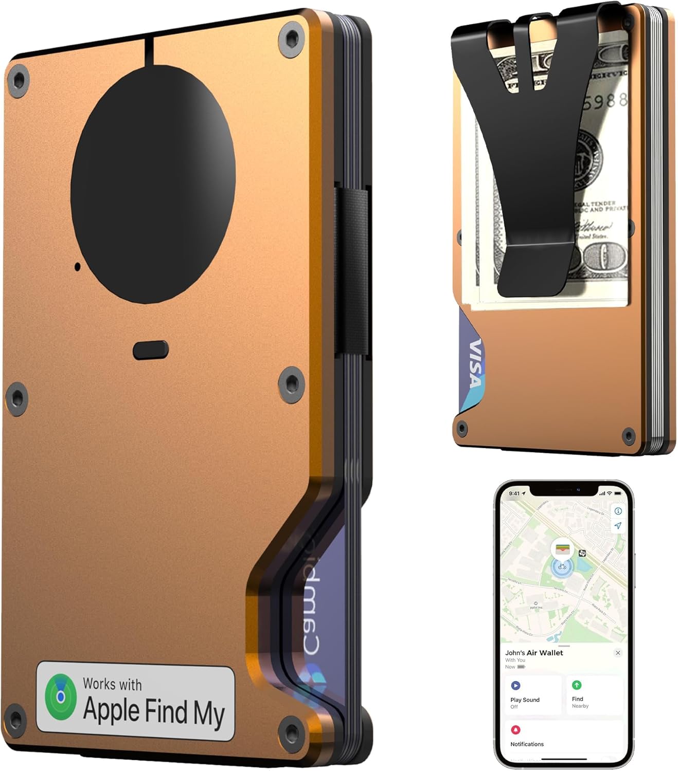 Minimalist Wallet with Built in Airtag Chip, RFID Blocking Credit Card Holder, Slim Wallet For Men, Compatible with Apple Find My iOS Only, Detachable Money Clip