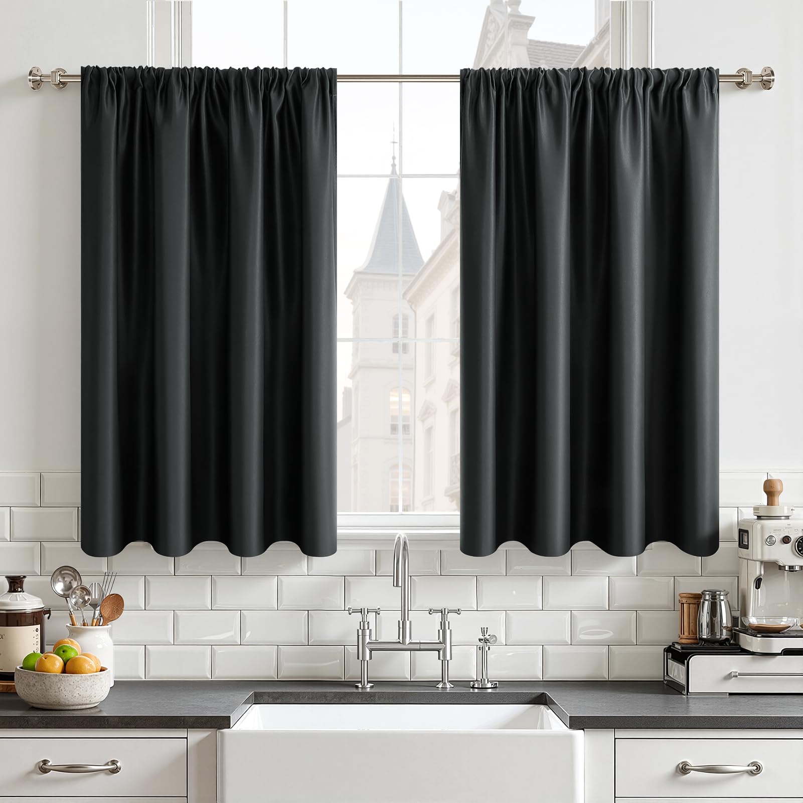 CUTEWIND Scheibengardinen Modern Blickdicht für Küche Bistrogardine 2er Set Anthrazit H 90 x B 60 cm, Scheibengardine mit Stangendurchzug Küchengardinen Küchenfenster für Wohnmobil Kleine Fenster