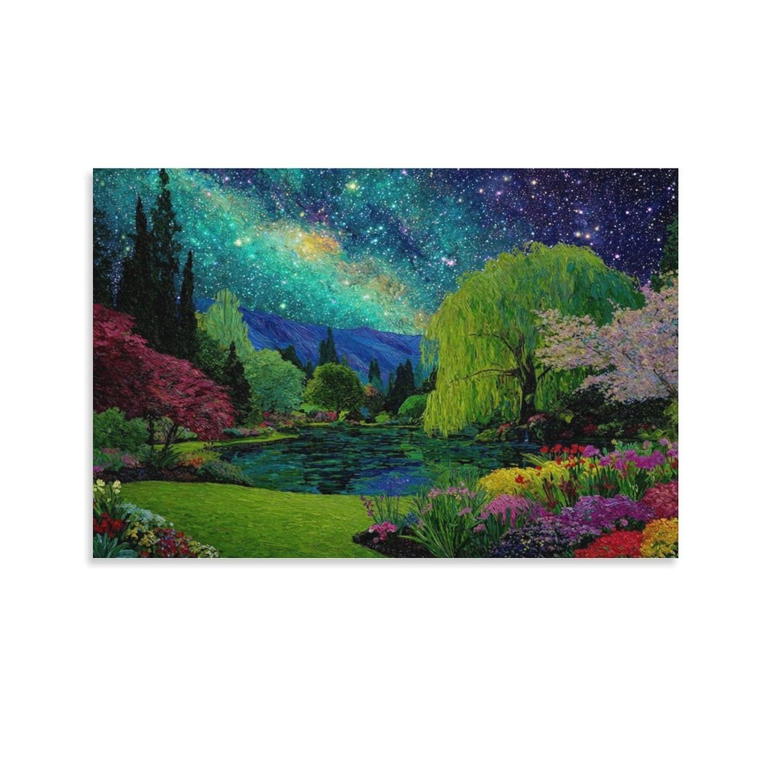 CPLVKWRQJ Starry Night Garden Individual Starry Garden Pond Colorful Scenic Painting Canvas Print - Office Wall Art Fade Resistant Statement Piece Ready to Hang 24x36inch(60x90cm)