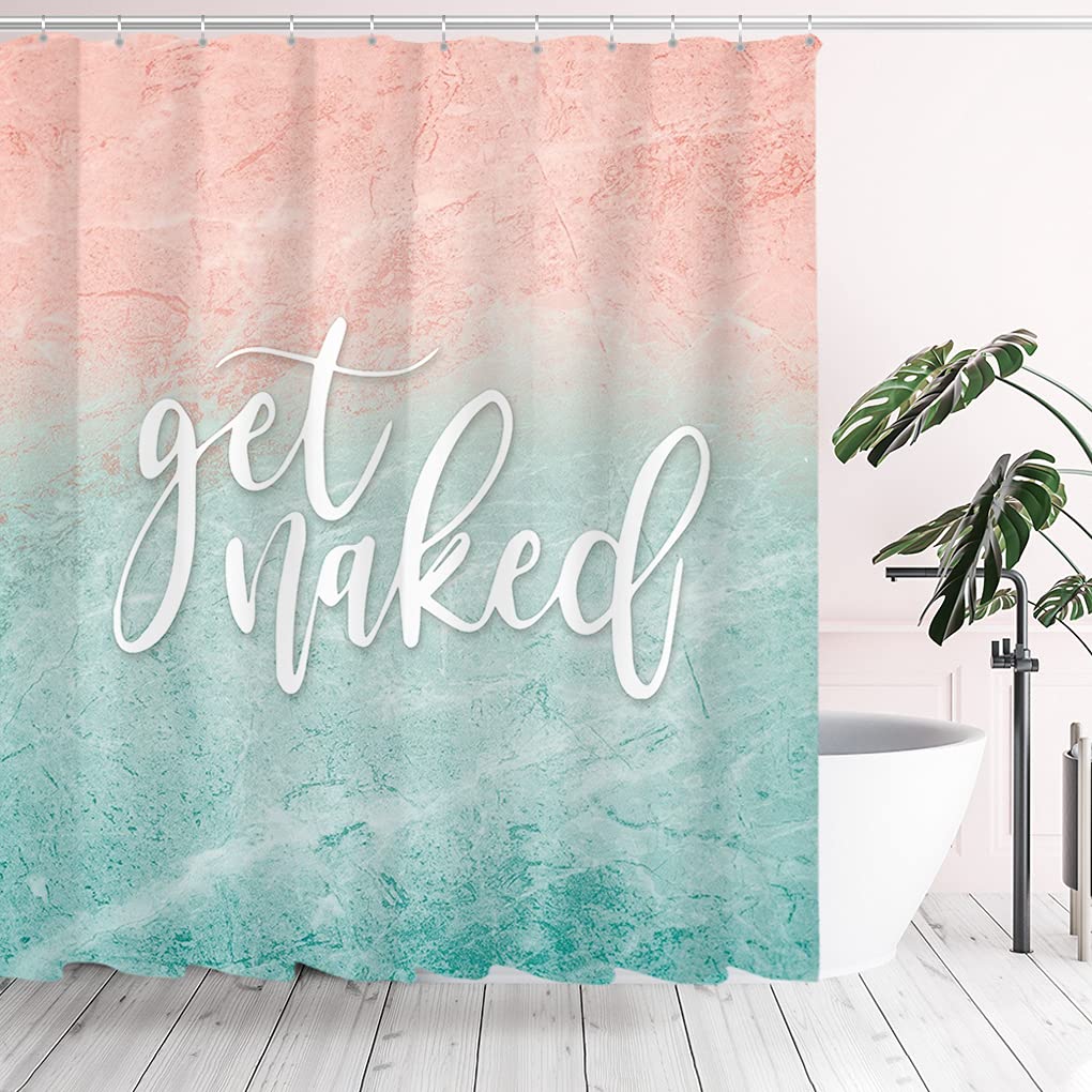 Tititex Mint Peach Pink Ombre Color Shower Curtain Sets, Green Blush Cute Get Naked Quote Bathroom Decoration 70x70 Inch with Hooks