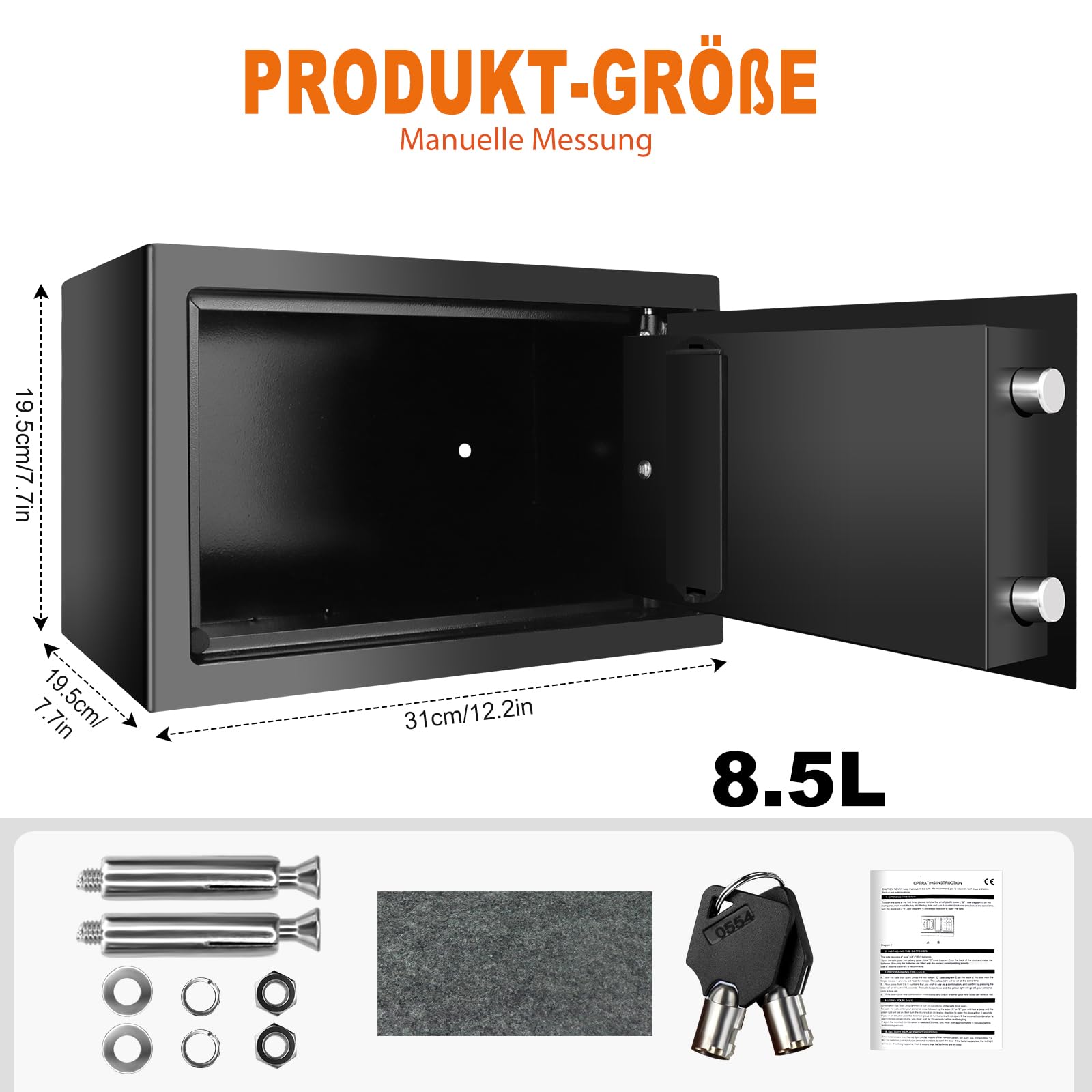 Tresor feuerfest wasserdicht, wasserdichter und feuerfester Safe, 8,5 l Mini-Digital-Safe für Geld, Wand- oder Schrankverankerung, für Büros, Hotels, Zuhause, 31 B x 20 T x 20 H cm, Schwarz