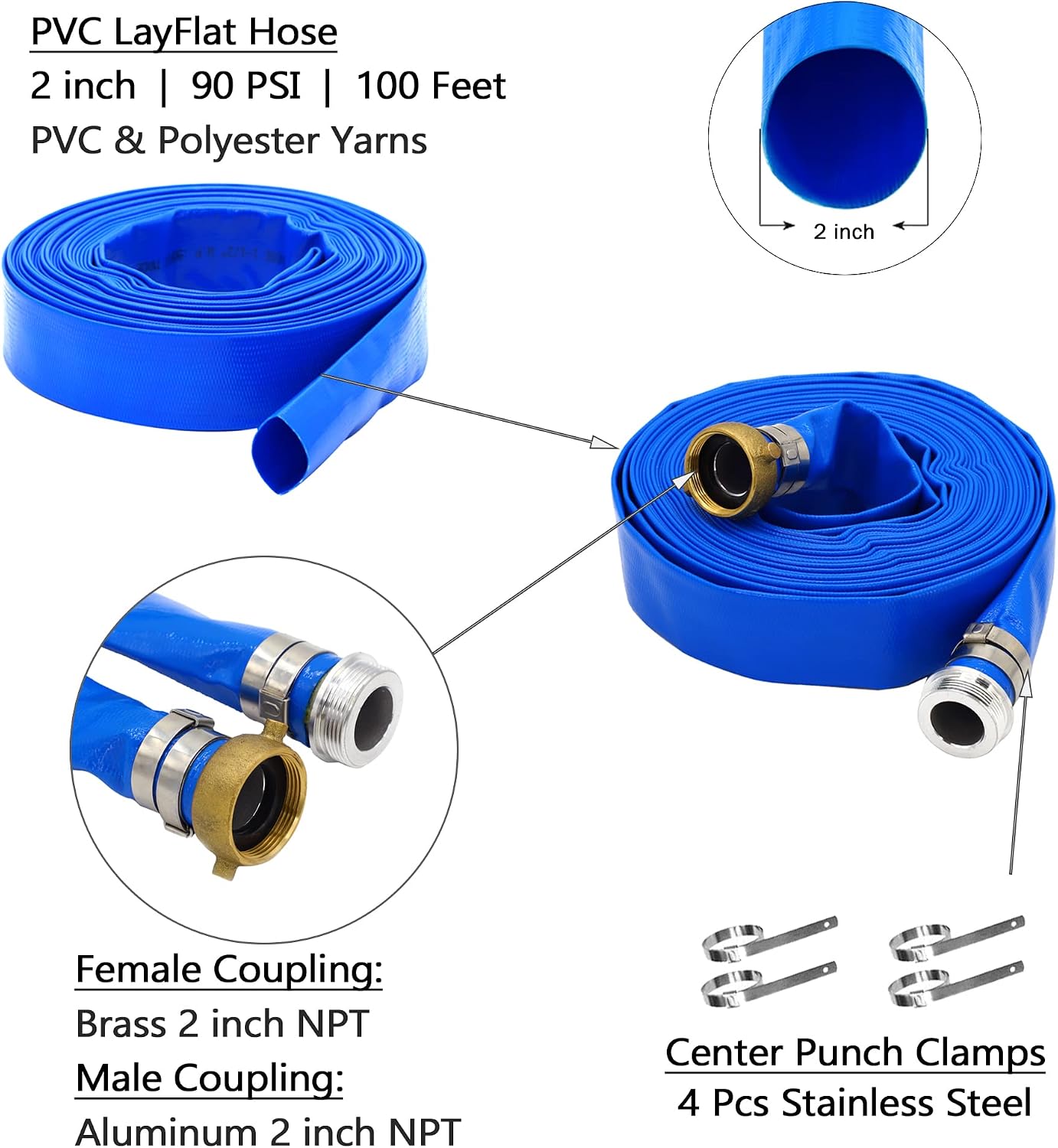 DAVCO 2" ID × 100 ft Pool Backwash Hose, Heavy Duty Reinforced Blue PVC Lay Flat Water Discharge Pump Hoses For Swimming Drain Pools and Clean Filters, With Aluminum Pin Lug Fittings