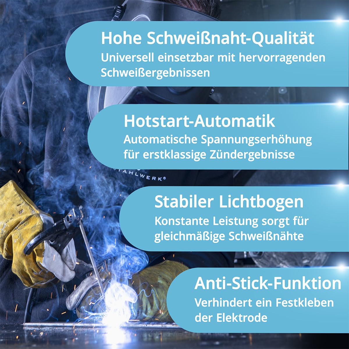 STAHLWERK Elektroden-Schweißgerät ARC 200 Synergic Pro Digital – MMA (E-Hand) bis 200 A, Schweißen ohne Schutzgas, Lift-TIG Inverter, Hotstart, Antistick-Funktion, Smartkühlung & Überhitzungsschutz