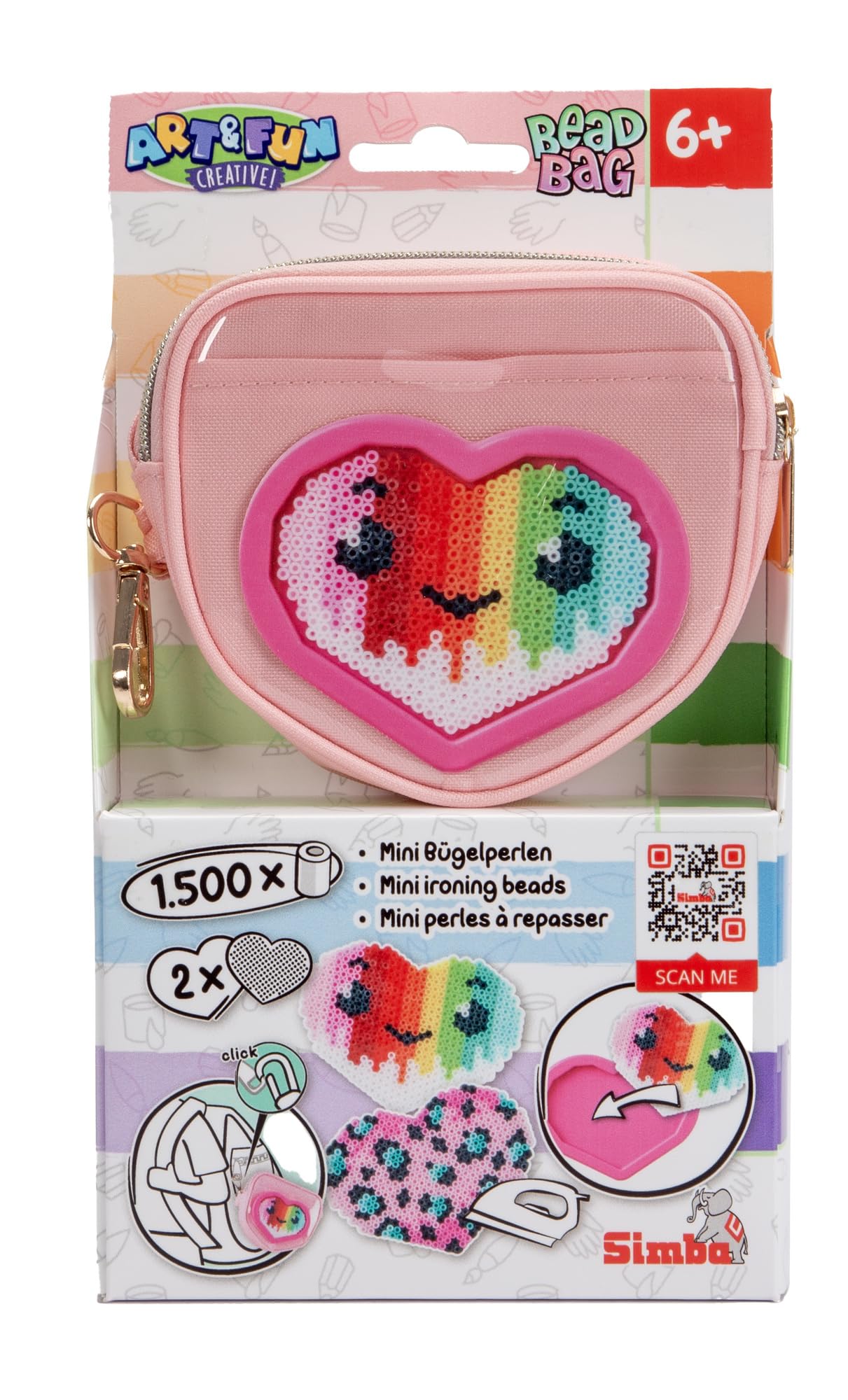 Simba Art und Fun Beadbag Heart, 1500 Perlen, Steckplatte, Pinzette, Bügelplatte, Bügelpapier, Tasche Herzform, 13cm, Anleitung, ab 6 Jahre