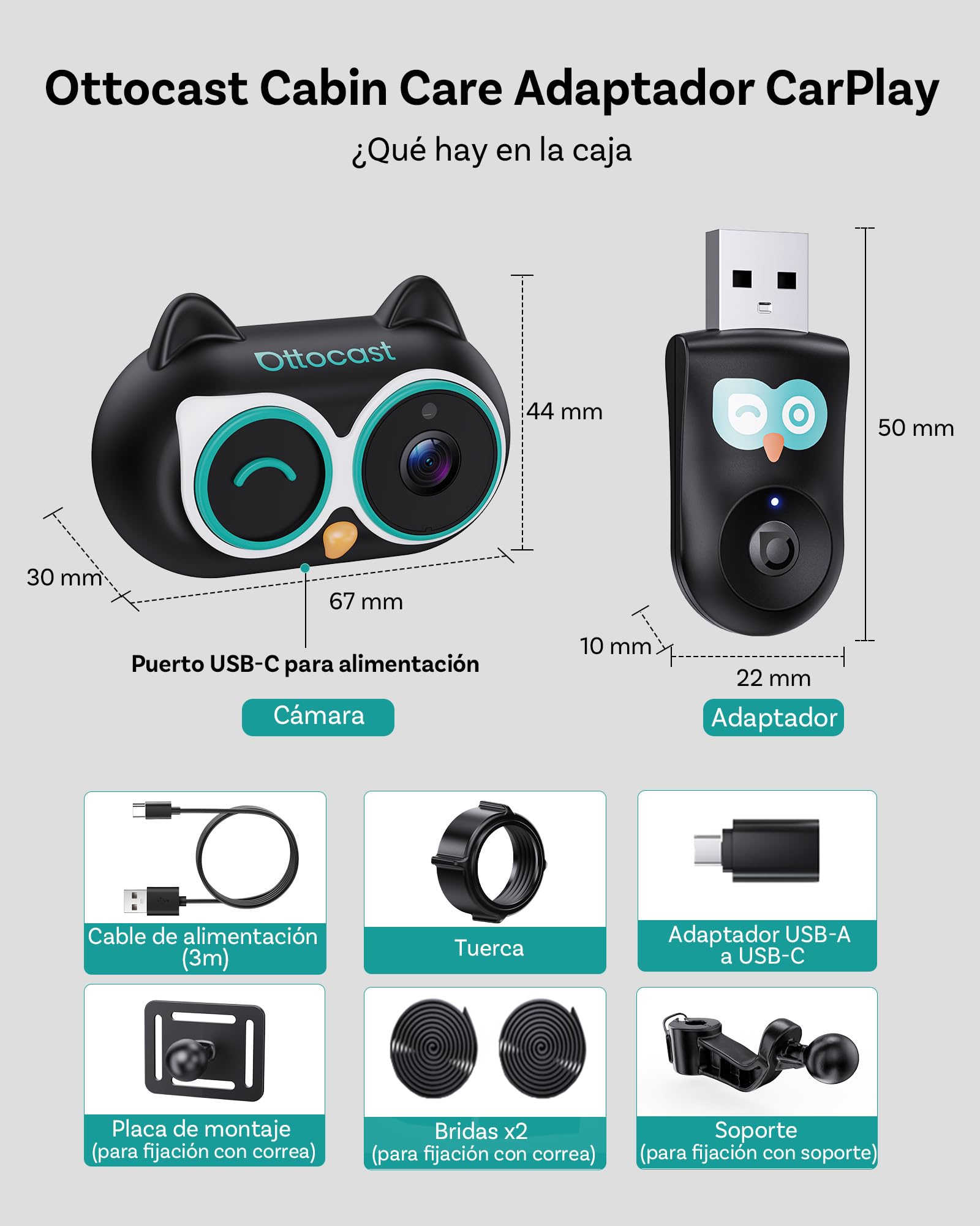 Ottocast Cabin Care CarPlay Adapter 2026, Ottocast Mini Cámara Asiento Trasero 1080P, USB-A Plug & Play, Solo para CarPlay con Cable de fábrica