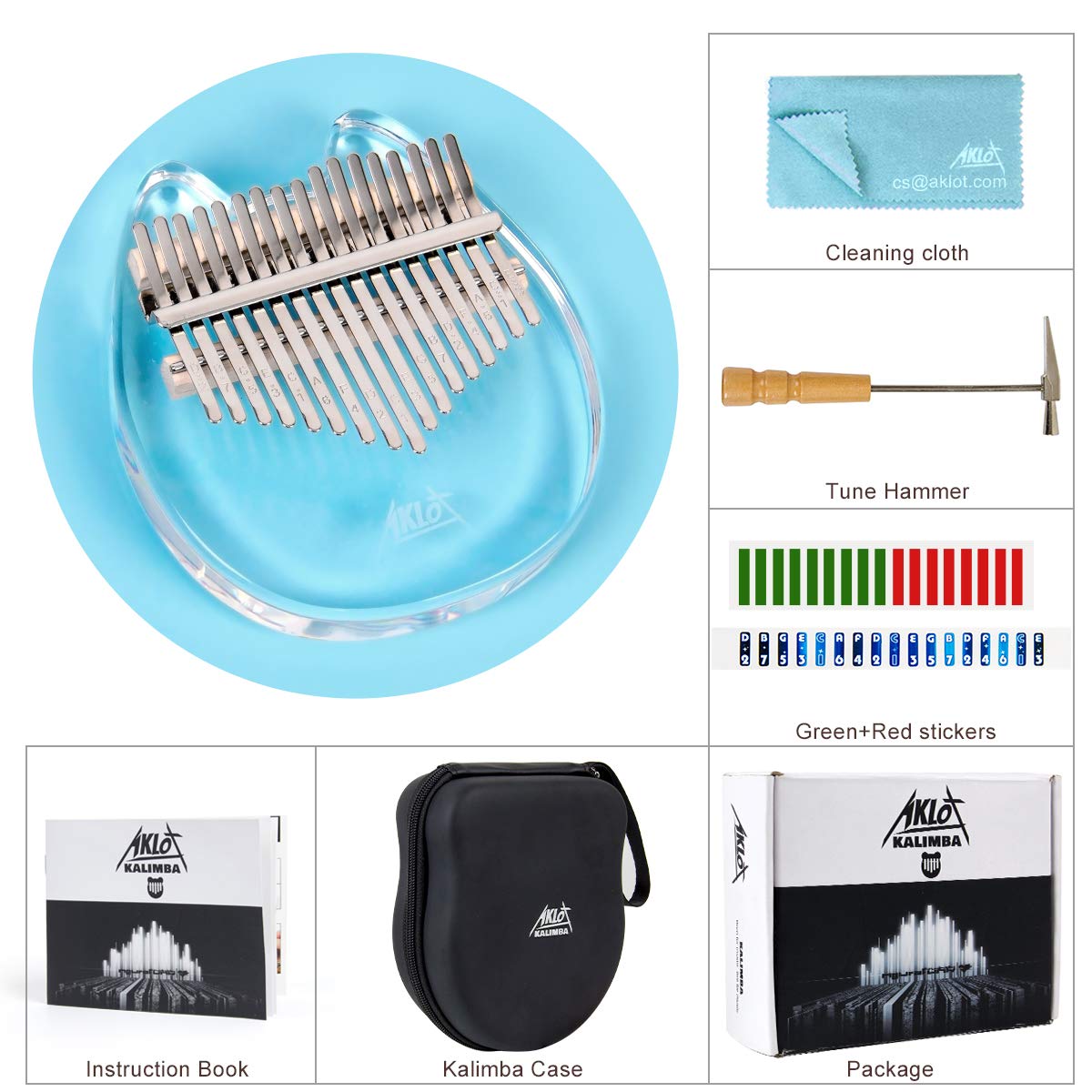 Kalimba Pouce Piano, AKLOT 17 touches Transparent Note de Chat Acrylique Sculpté Doigt de Démarreur Piano avec Kalimba Étui Tune Marteau Livre d'étude Autocollants