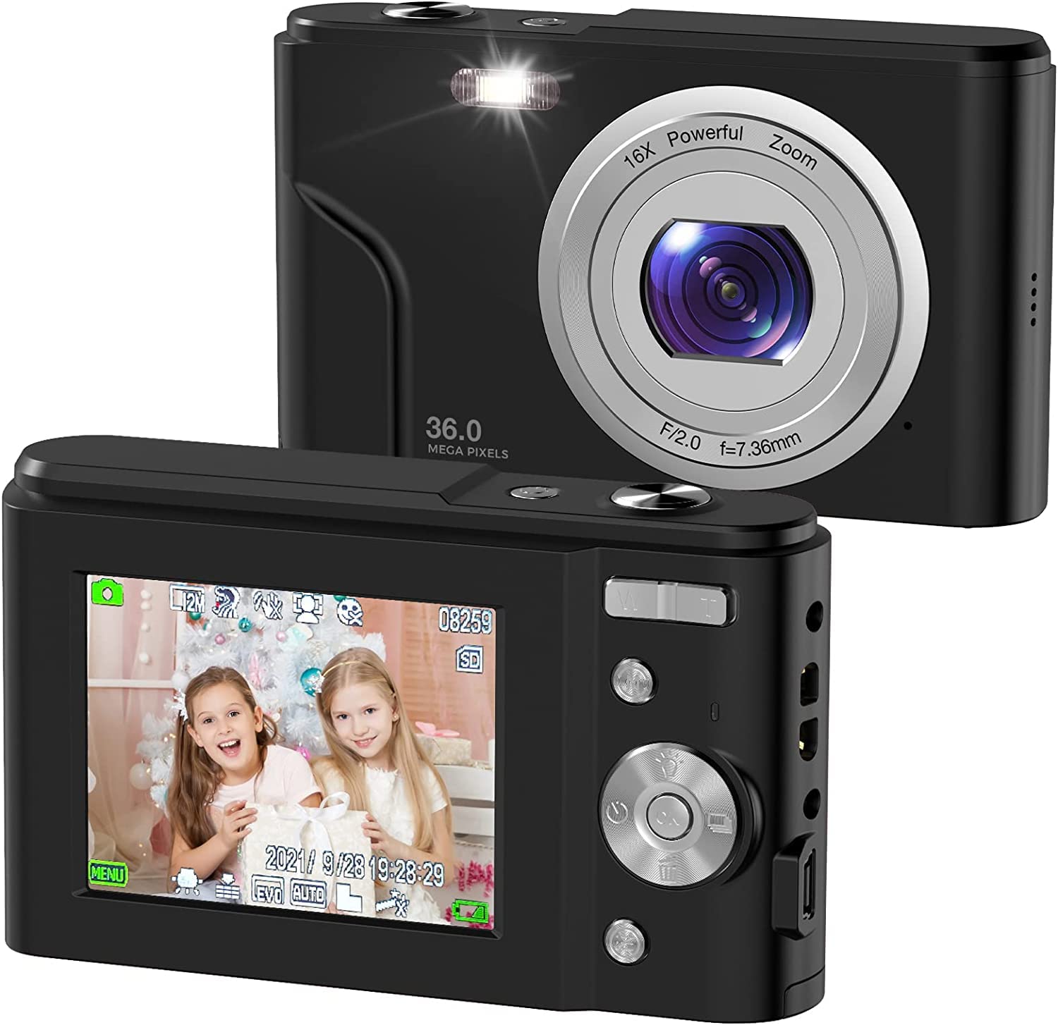 AOLLONNA Digital Camera Full HD 1080P 36.0 Mega Pixels Vlogging Camera with 16X Digital Zoom 2.4 inchLCD Screen for Students, Teens, Kids Black…