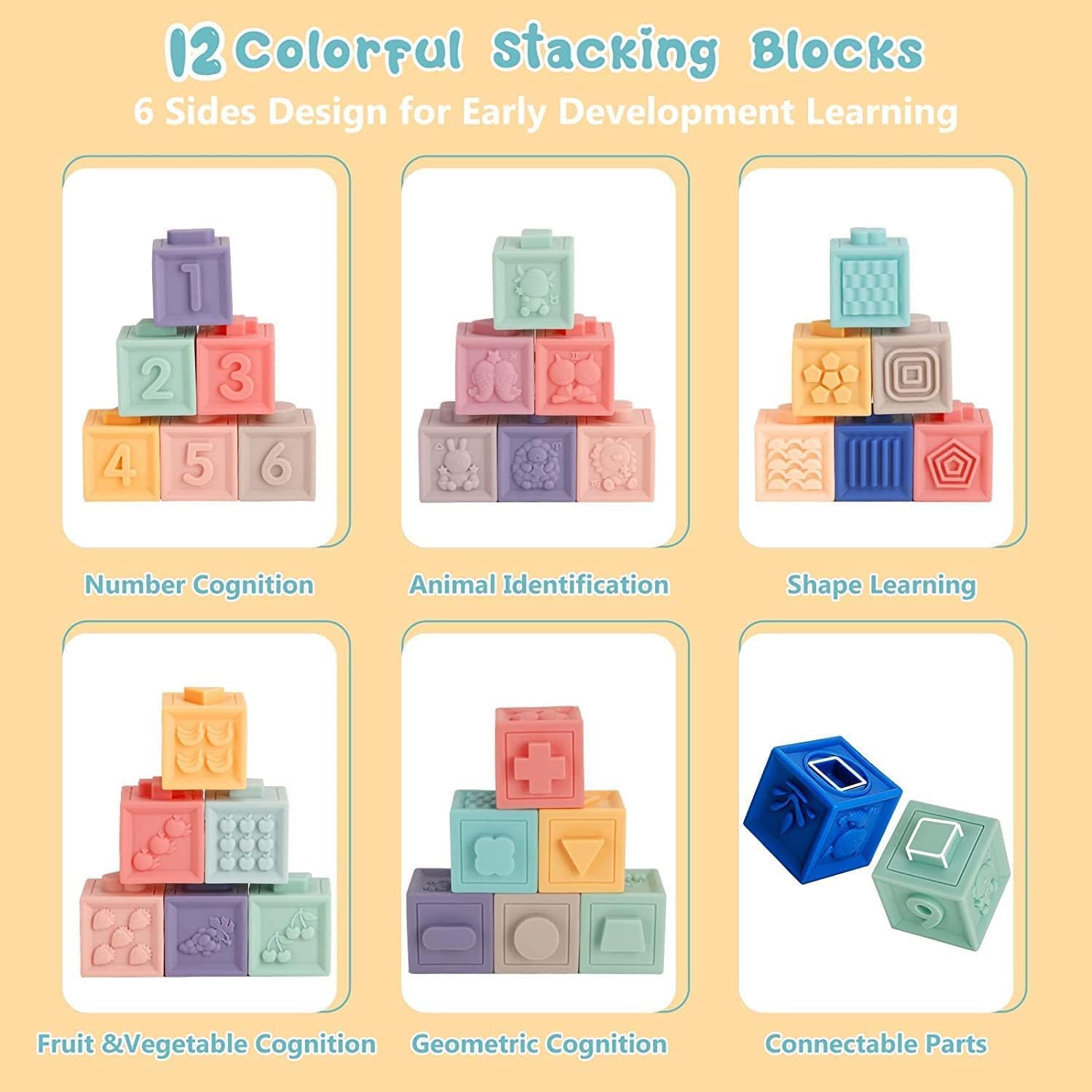 Jeux Montessori Bébé 6-12 Mois, Cube Sensoriels Souples a Empiler, Cube d'activité Bébé, Jeux Educatif Jouets d'éveil pour Bebe Enfant 6 9 12 Mois 1 2 Ans Ans Garçon Fille
