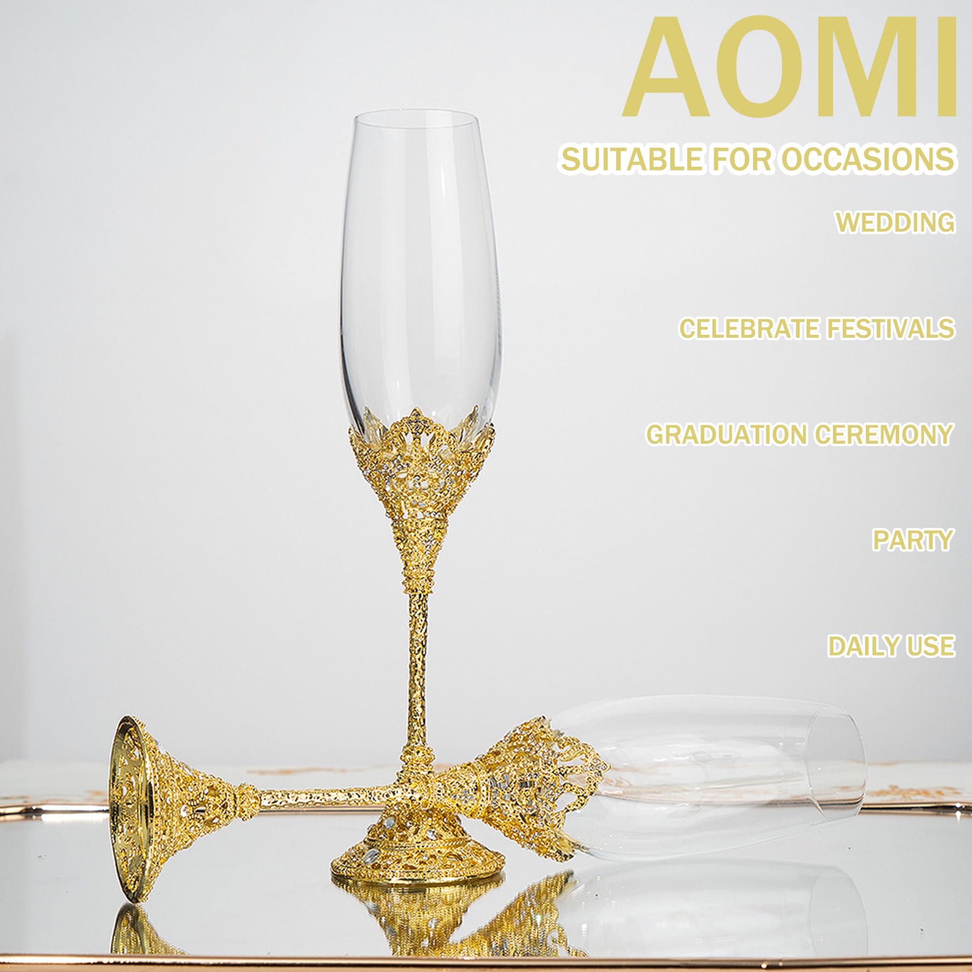 AOMI Copas de champán de boda de cristal de lujo, juego de copas de champán con tachuelas doradas de 7 onzas, elegante par de flauta grabada con caja de regalo, perfecto para bodas, aniversarios y