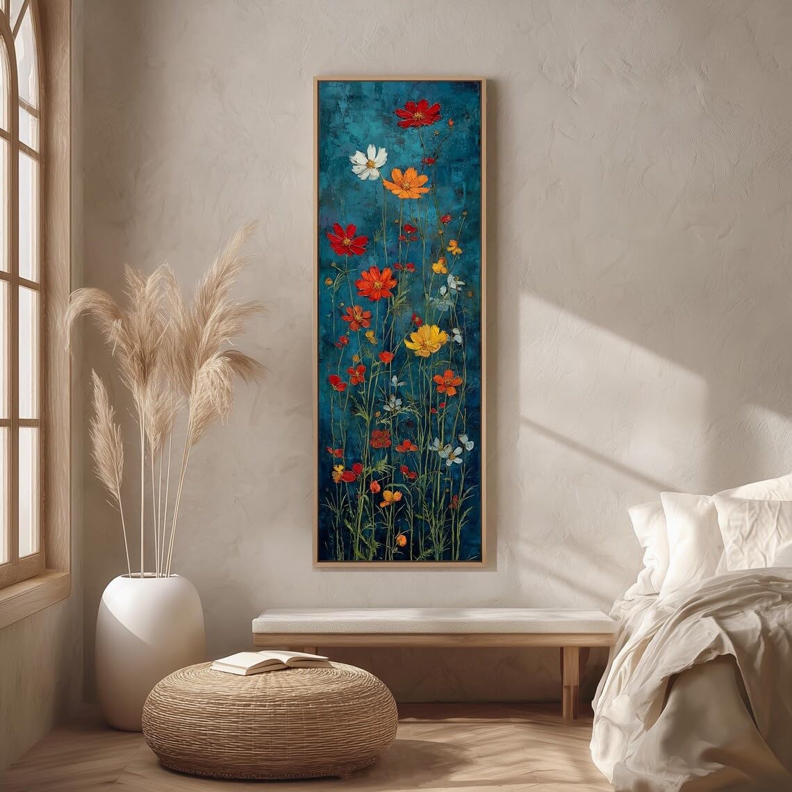 XINBAO Hochformatiges Gemälde einer Wildblumenwiese, Hochformatige Leinwandkunst, Blaue und orange Kosmeen, Farbenfrohe botanische Dekoration, Wandbild (50 x 150 cm/Innenrahmen)