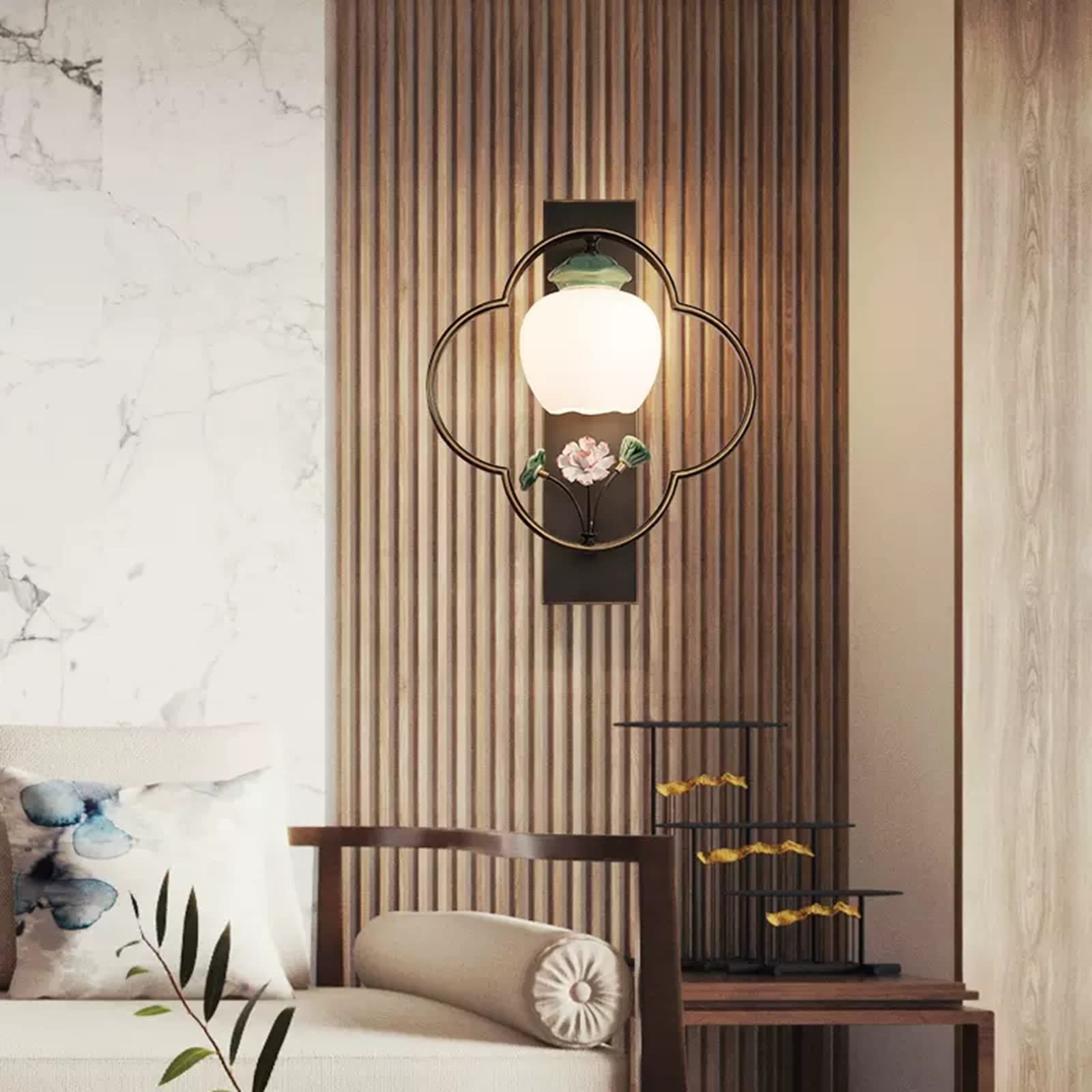 lampa ścienna Nowa chińska kinkiet w całości z miedzi, lampka nocna w salonie, kreatywny kinkiet z liśćmi lotosu kinkiet do sypialni
