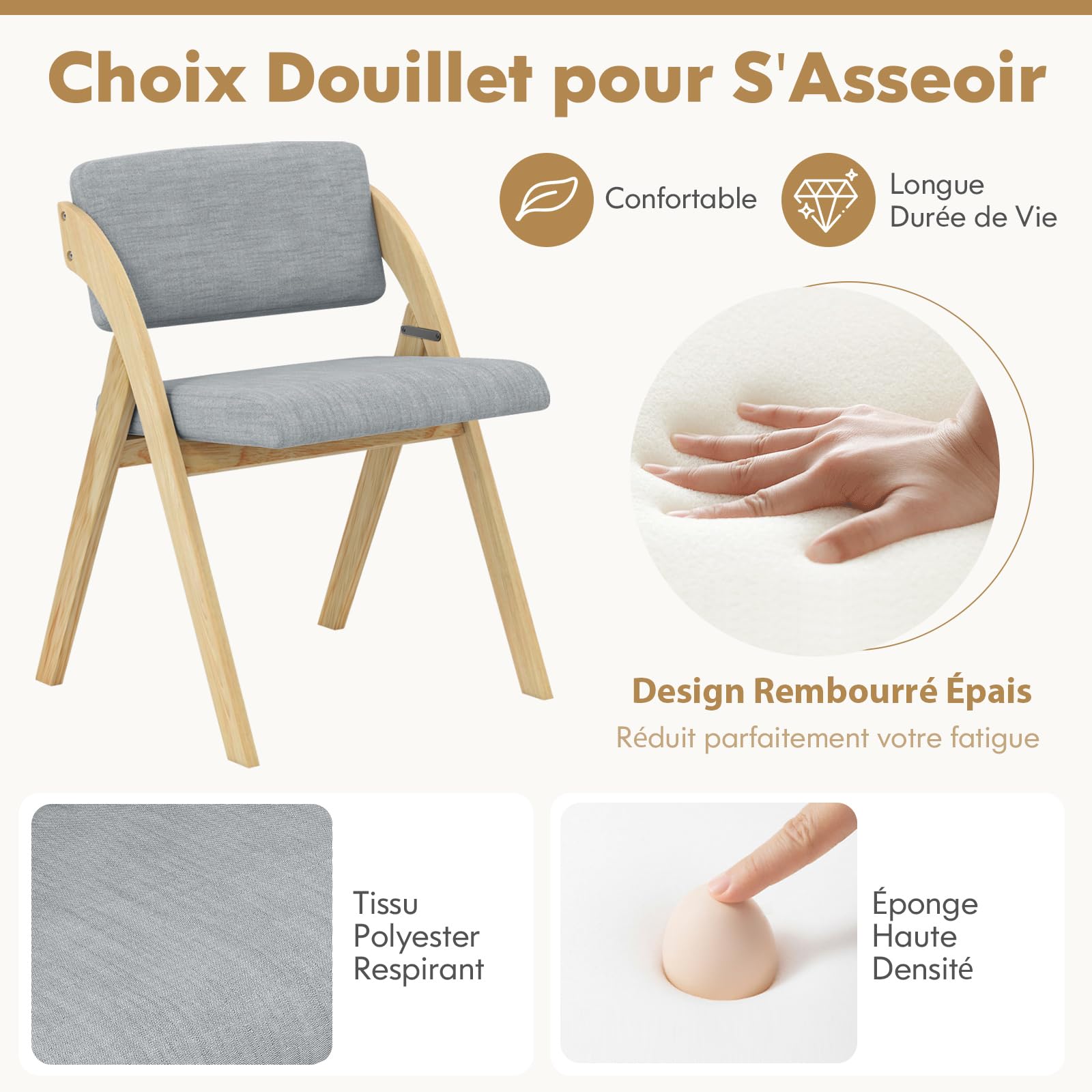 4 Chaises Pliantes En Bois Avec Housse Lin Et Siège Rembourré – Confort Et Gain De Place Pour Salle à Manger, Bureau, Salon - 11