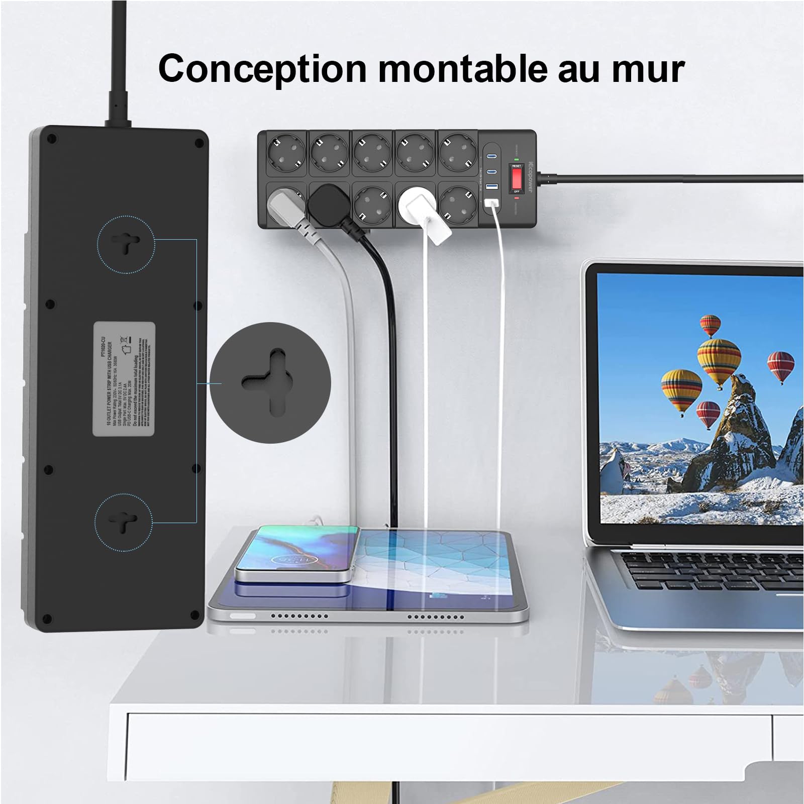 IECOPOWER multiprise 10 Prises,USB multiprise(PD 20W 2 USB-C Ports et 2 USB-A Ports), multiprise avec Interrupteur,4000W/16A,1050 J, multiprise parafoudre et câble d'extension de 2 m, Noir