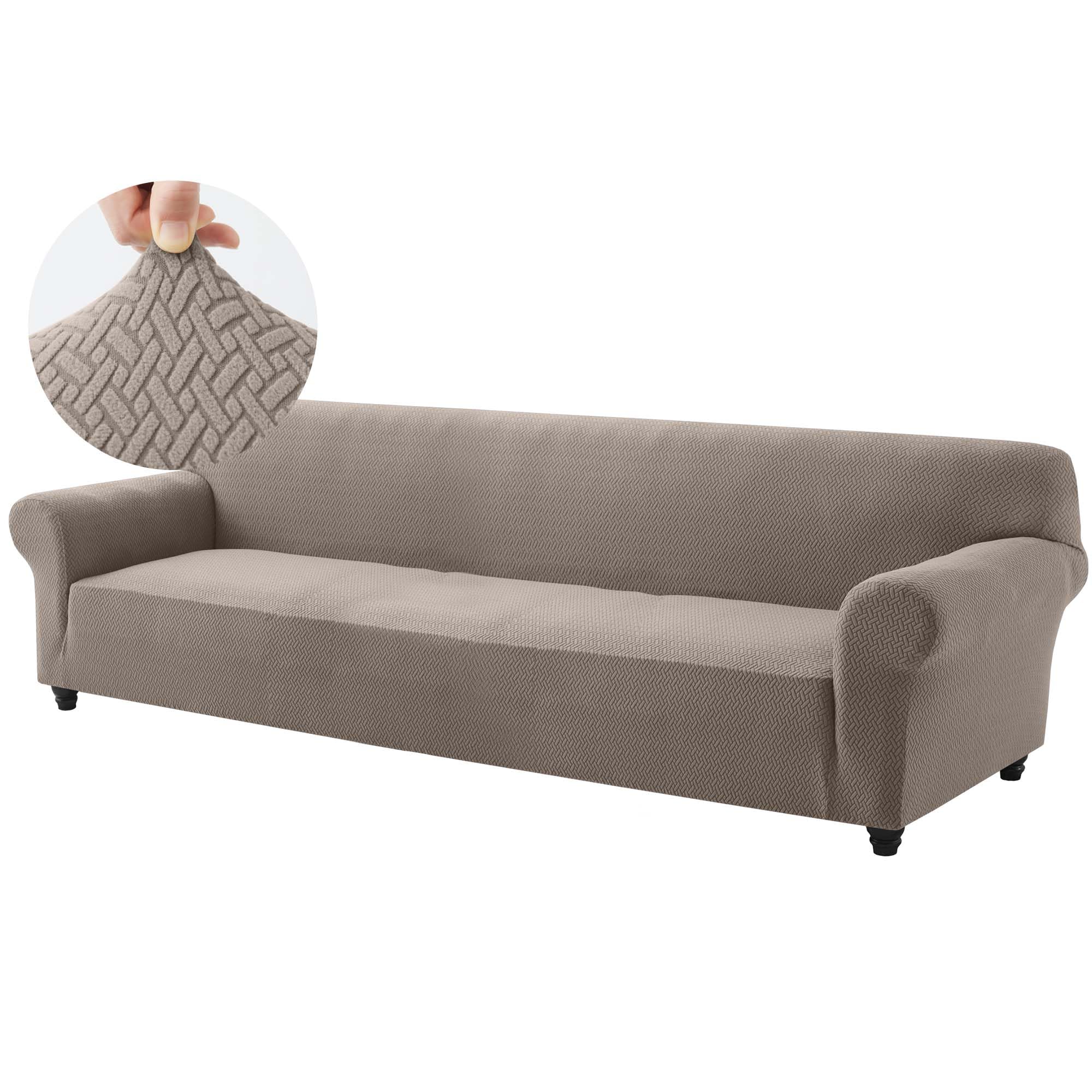 Hafaa High Stretch Sofa Cover 4 Seater Extra Large Couch Covers for Dogs Pets Cats Jacquard Spandex T Shaped Non Slip Sofa Slipcovers Super Soft Elastic Fit Furniture Protector (Coffee/Sand)
