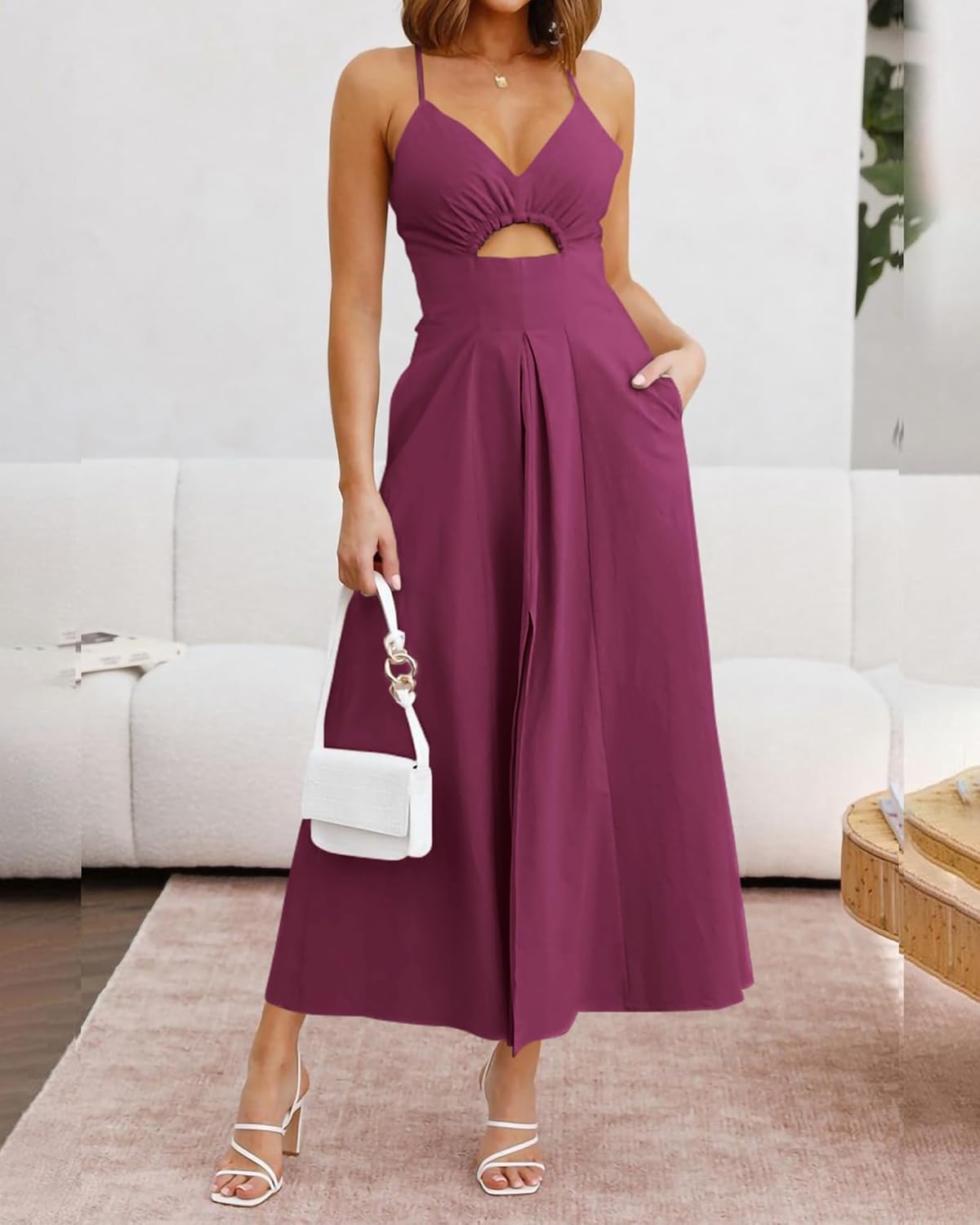 BTFBM Women 2026 Spaghetti Strap Midi Summer Dresses Sleeveless V Neck Cutout Slit Casual Beach Party Maxi Dress Pockets - Image 7