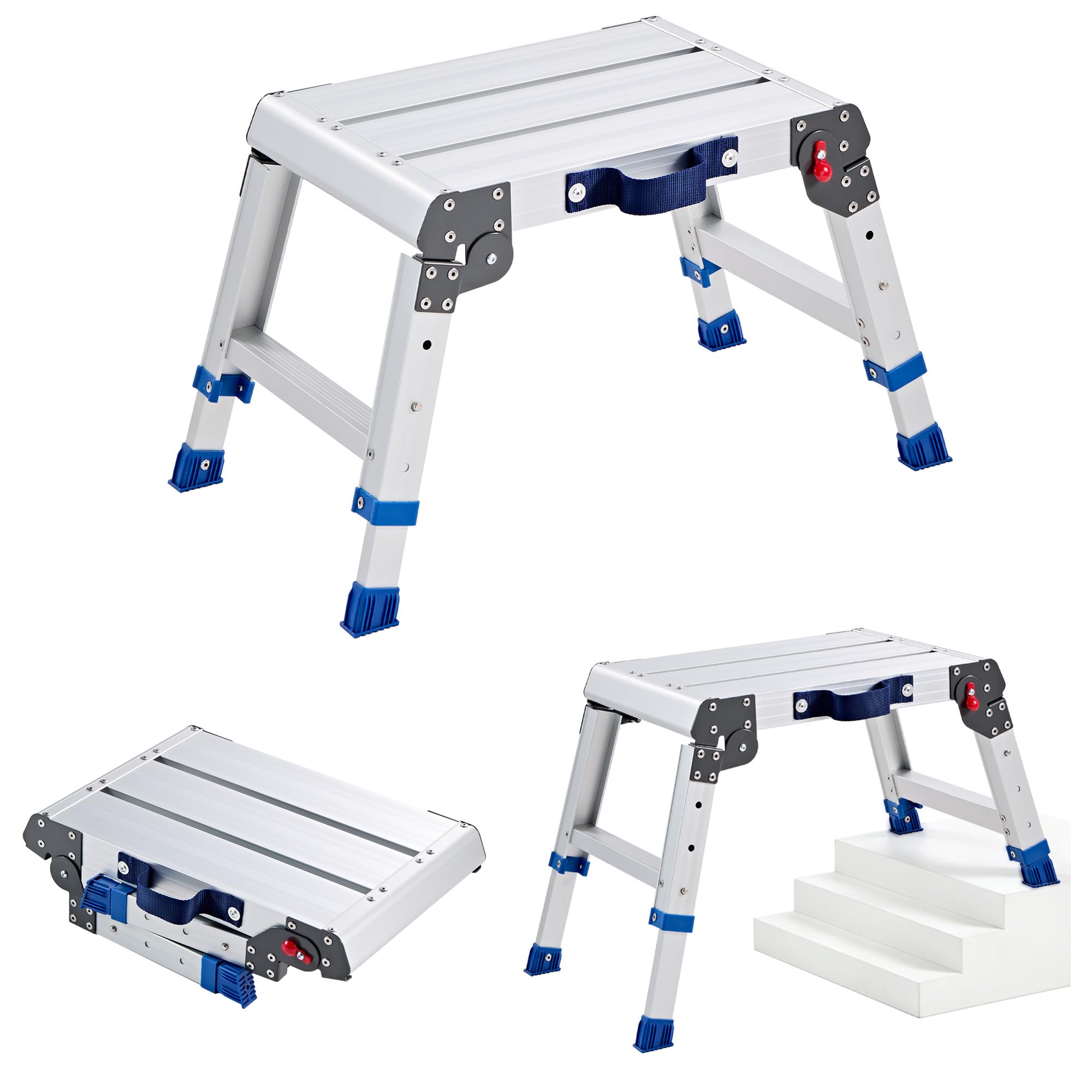 VEVOR Plataforma Plegable de Trabajo, Altura Ajustable de 305 ​​a 406 mm, Capacidad de 226,8 kg, Escalera-Taburete de Aluminio Portátil, Plegable, Antideslizante para Pintura, Mantenimiento y Hogar