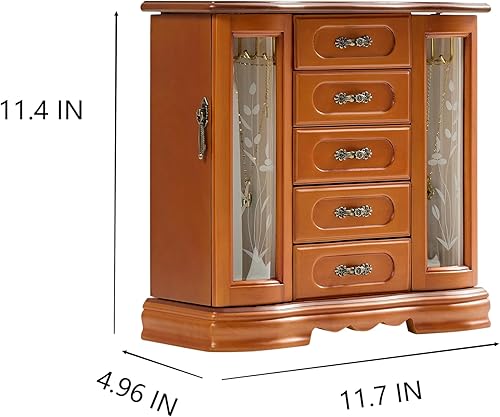 Miniatura 3 de Stufurhome Joyero de madera con gancho de collar integrado de 5 cajones y espejo marrón