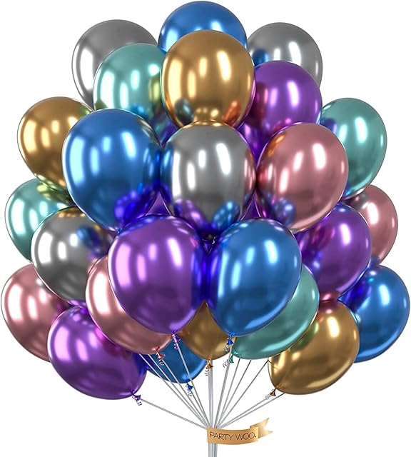 PartyWoo Metallic Balloons, 50 pcs 12 Inch Gold Metallic Balloons Silver Metallic Balloons Blue Metallic Balloons Shiny Balloons for Party Birthday Decorations, Wedding Decorations
