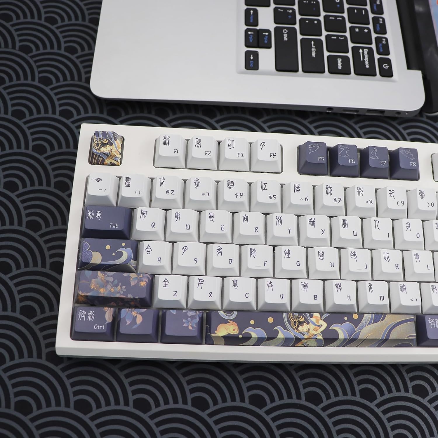JSJT PBT Keycaps 136 Keys Cherry Profile Keycap Set Chang'e and Rabbit Themed Keycap Ancient Style Zang Blue Custom Key caps Suitable for Cherry MX Switches Mechanical Keyboards