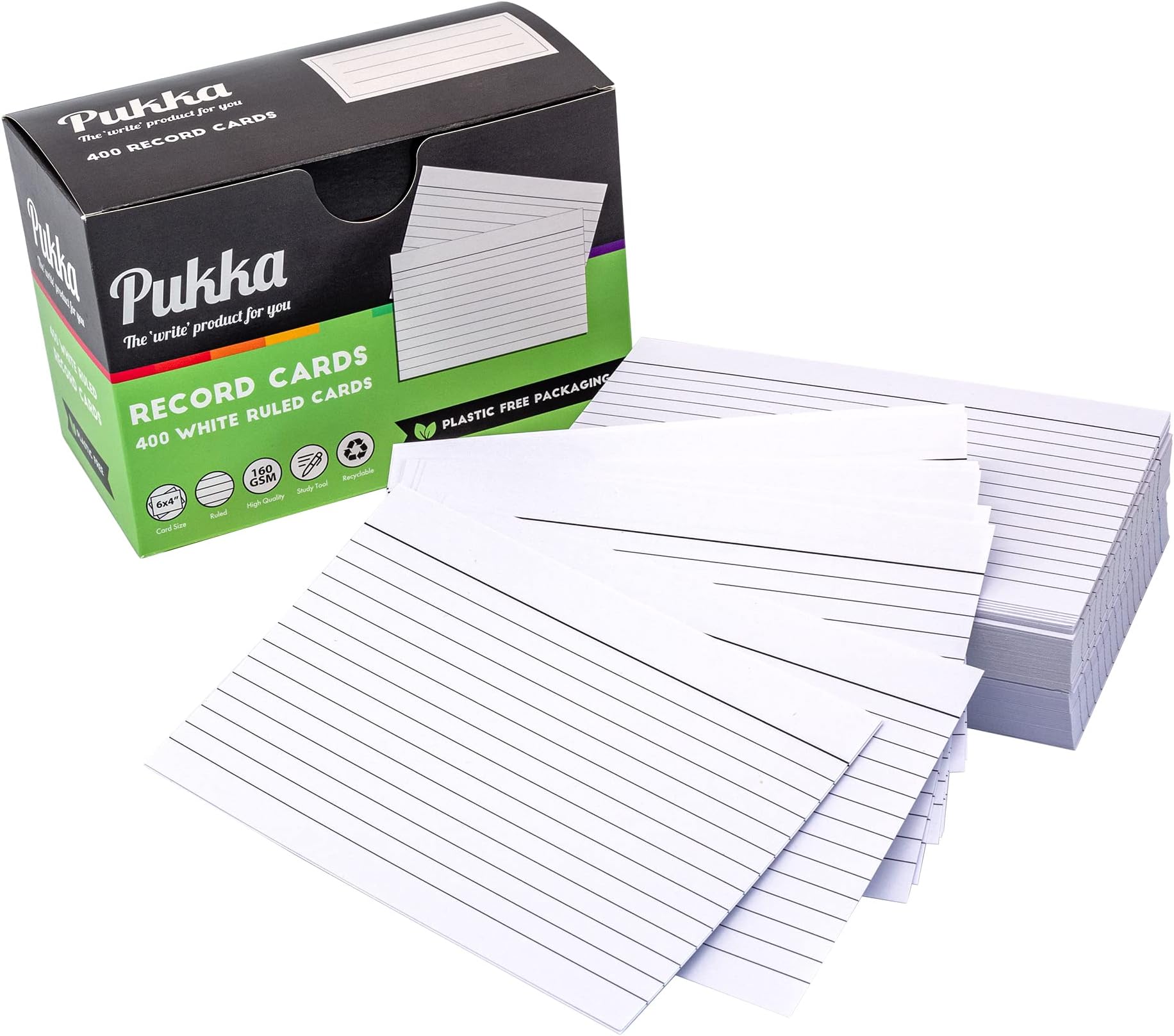 Pukka Pad, Revision Cards โ 400 Pack of 160 GSM Paper Record Cards โ Index Flash Study Cards or Cue Cards for Presentations โ Plastic-Free Packaging โ 6 x 4in, White