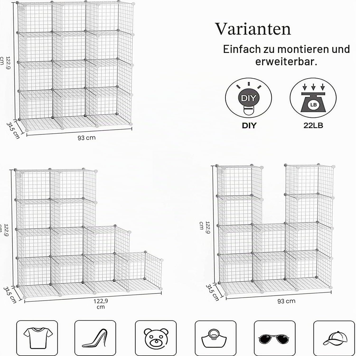 C&AHOME Drahtwürfel-Aufbewahrung, 12-Würfel-Aufbewahrungs-Organizer aus Metall, C-Gitter-Aufbewahrungsbehälter-Regalsystem, Bücherregal, Schrankschrank, 93,5 cm L x 31,8 cm B x 122,9 cm H, weiß