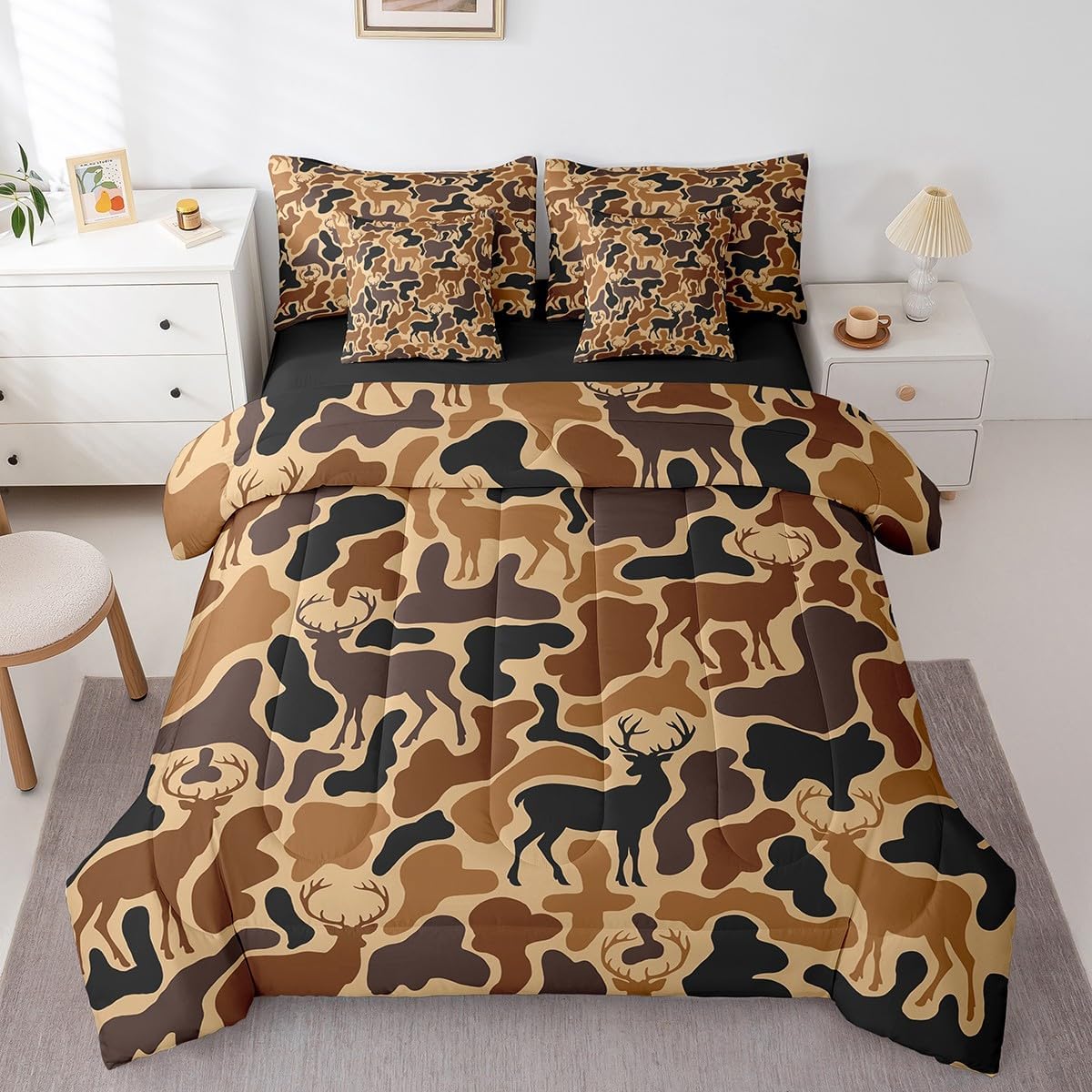 Camo Deer 7 Piece Bedding Set, Queen Size Deer Hunting Bed Set Includes Comforter, Sheet Set, Pillowcases & Pillow Covers Bedroom Decor Brown Antlers Bed in a Bag , Breathable Western Farmhouse